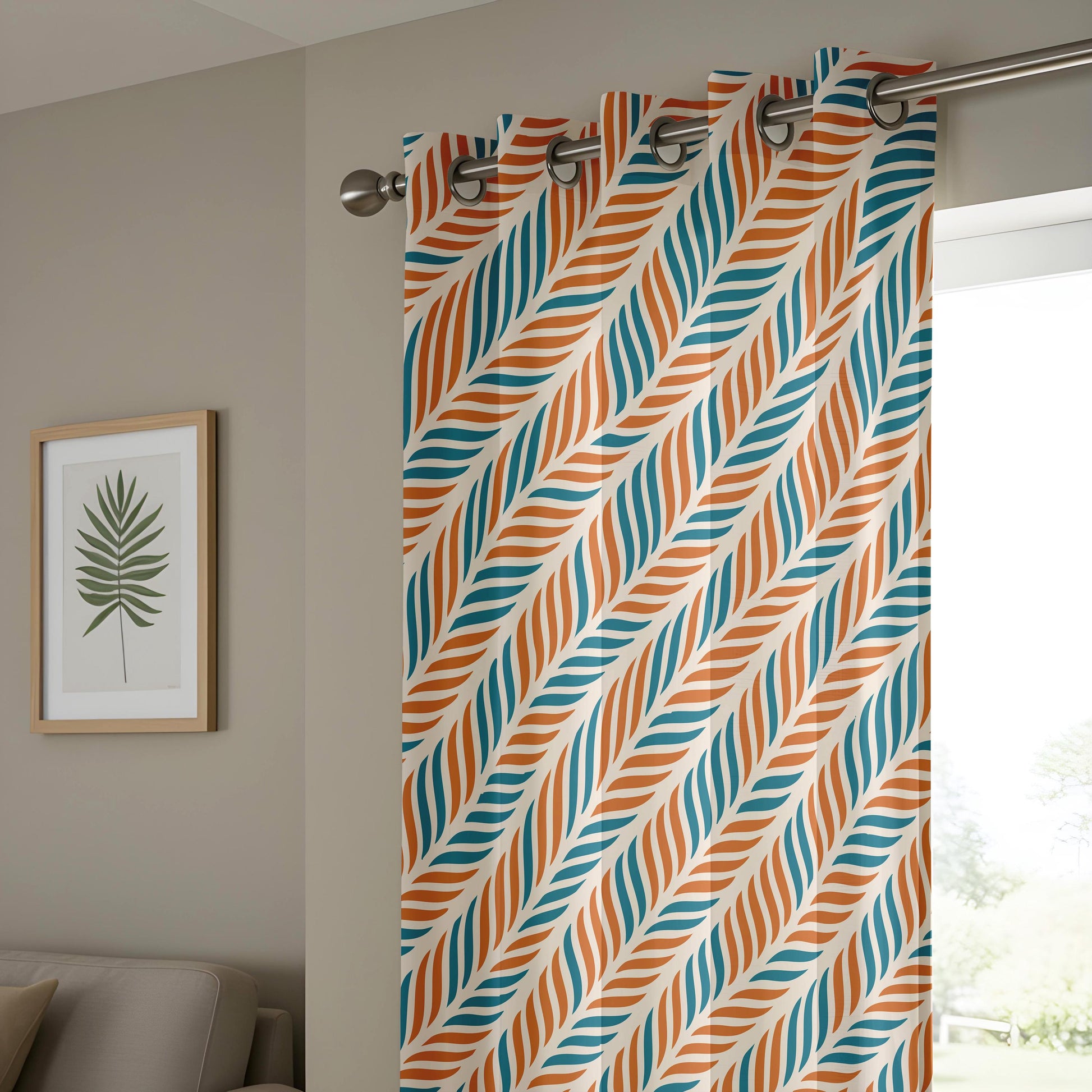 Onay Retro Rust Teal Geometric Curtains – Mid Century Modern Leaf Drapes