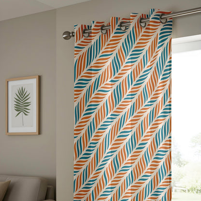 Onay Retro Rust Teal Geometric Curtains – Mid Century Modern Leaf Drapes
