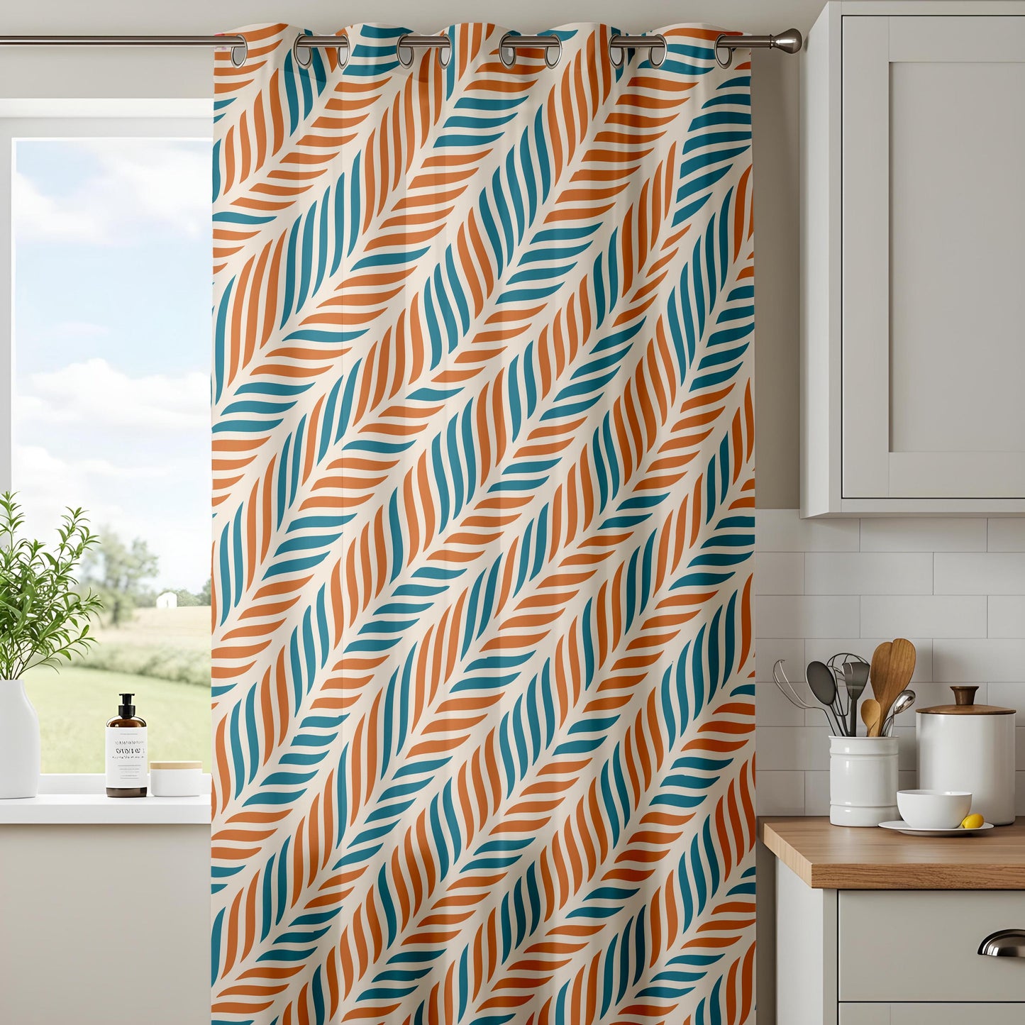 Onay Retro Rust Teal Geometric Curtains – Mid Century Modern Leaf Drapes