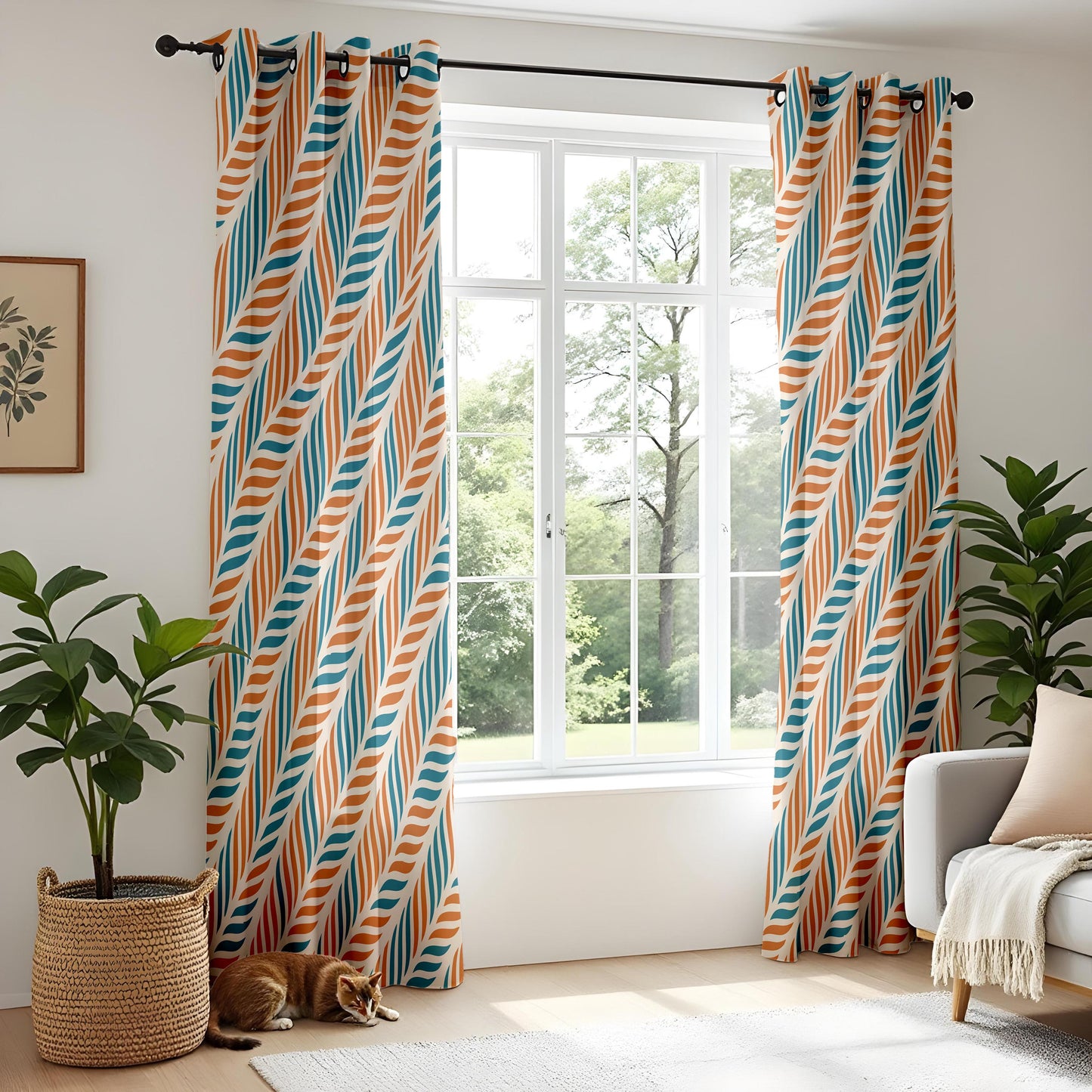 Onay Retro Rust Teal Geometric Curtains – Mid Century Modern Leaf Drapes