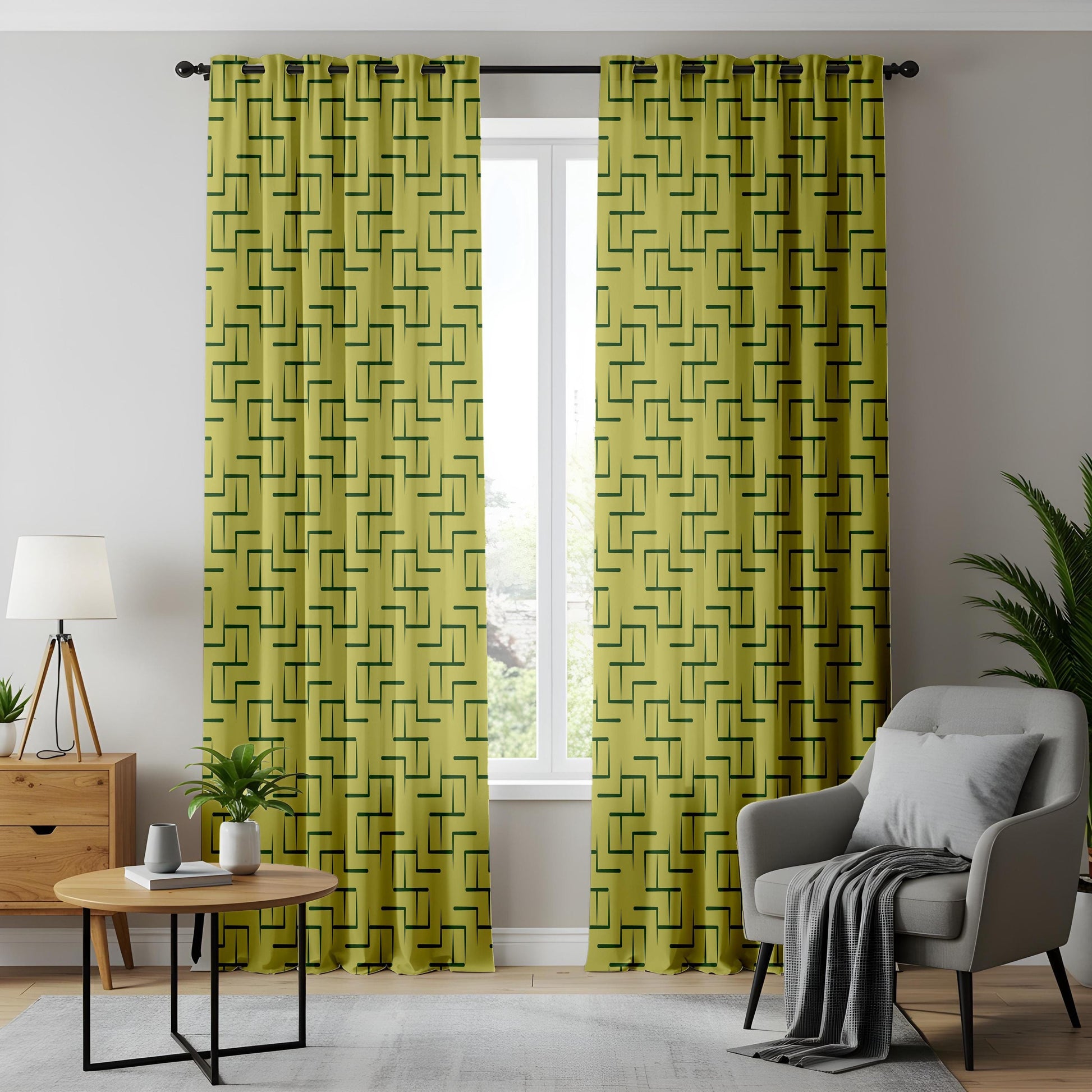 Onay Chartreuse Green Geometric Curtains – Mid Century Modern Maze Drapes