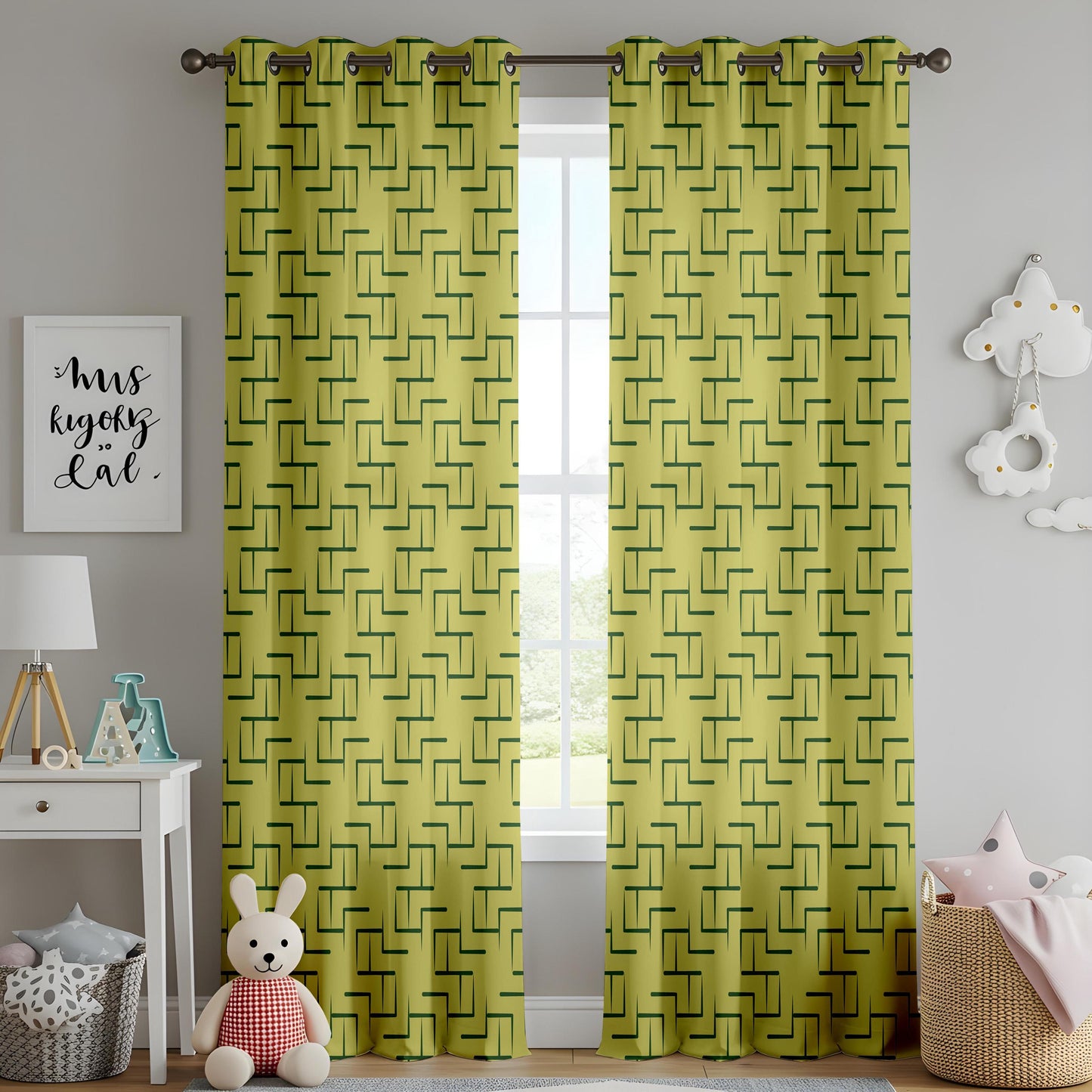Onay Chartreuse Green Geometric Curtains – Mid Century Modern Maze Drapes