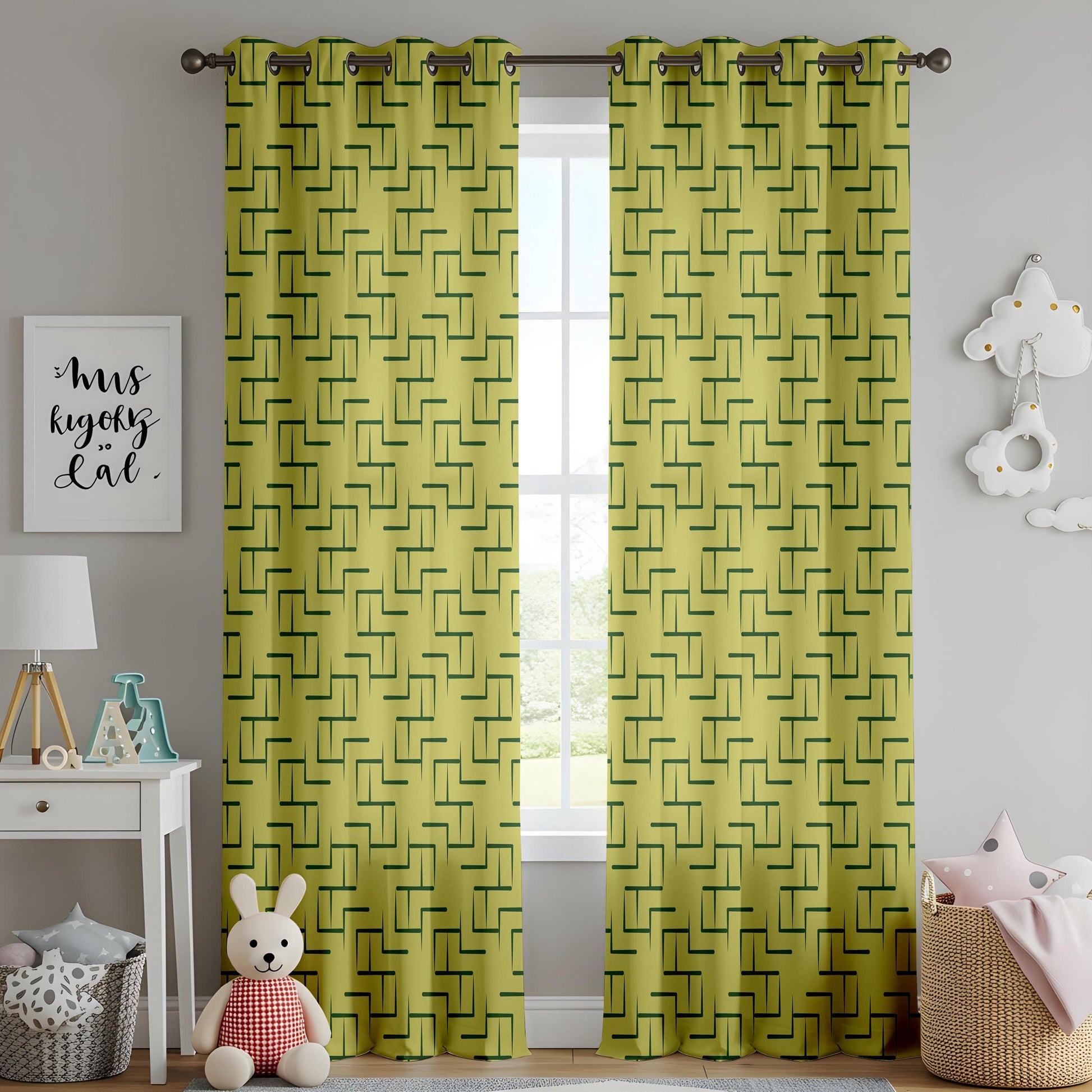 Onay Chartreuse Green Geometric Curtains – Mid Century Modern Maze Drapes