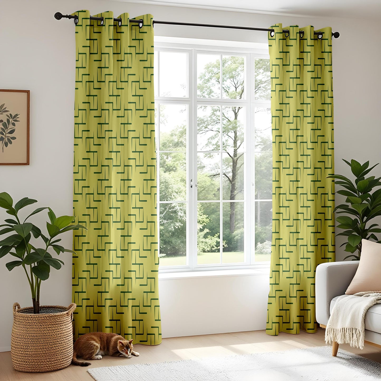 Onay Chartreuse Green Geometric Curtains – Mid Century Modern Maze Drapes