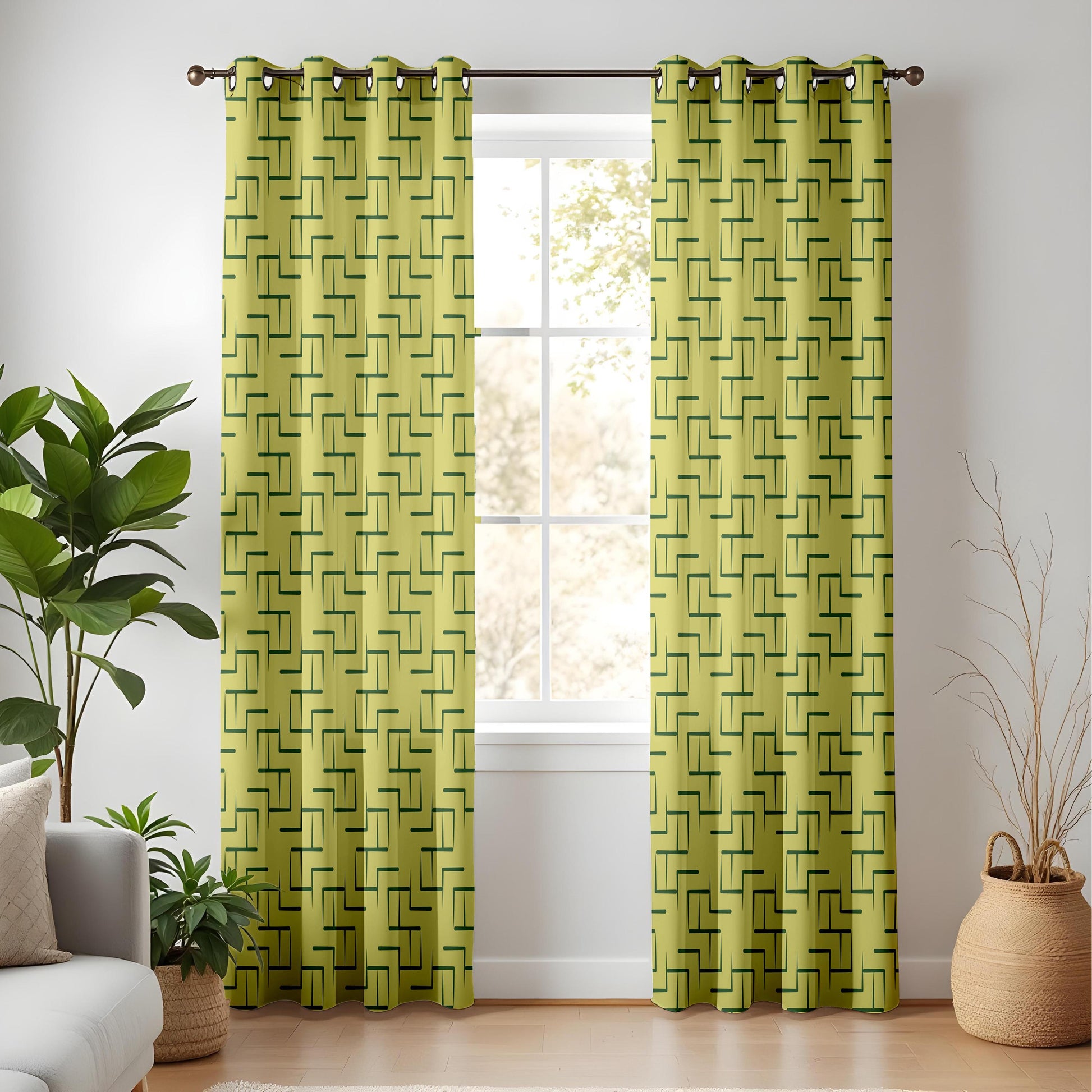 Onay Chartreuse Green Geometric Curtains – Mid Century Modern Maze Drapes