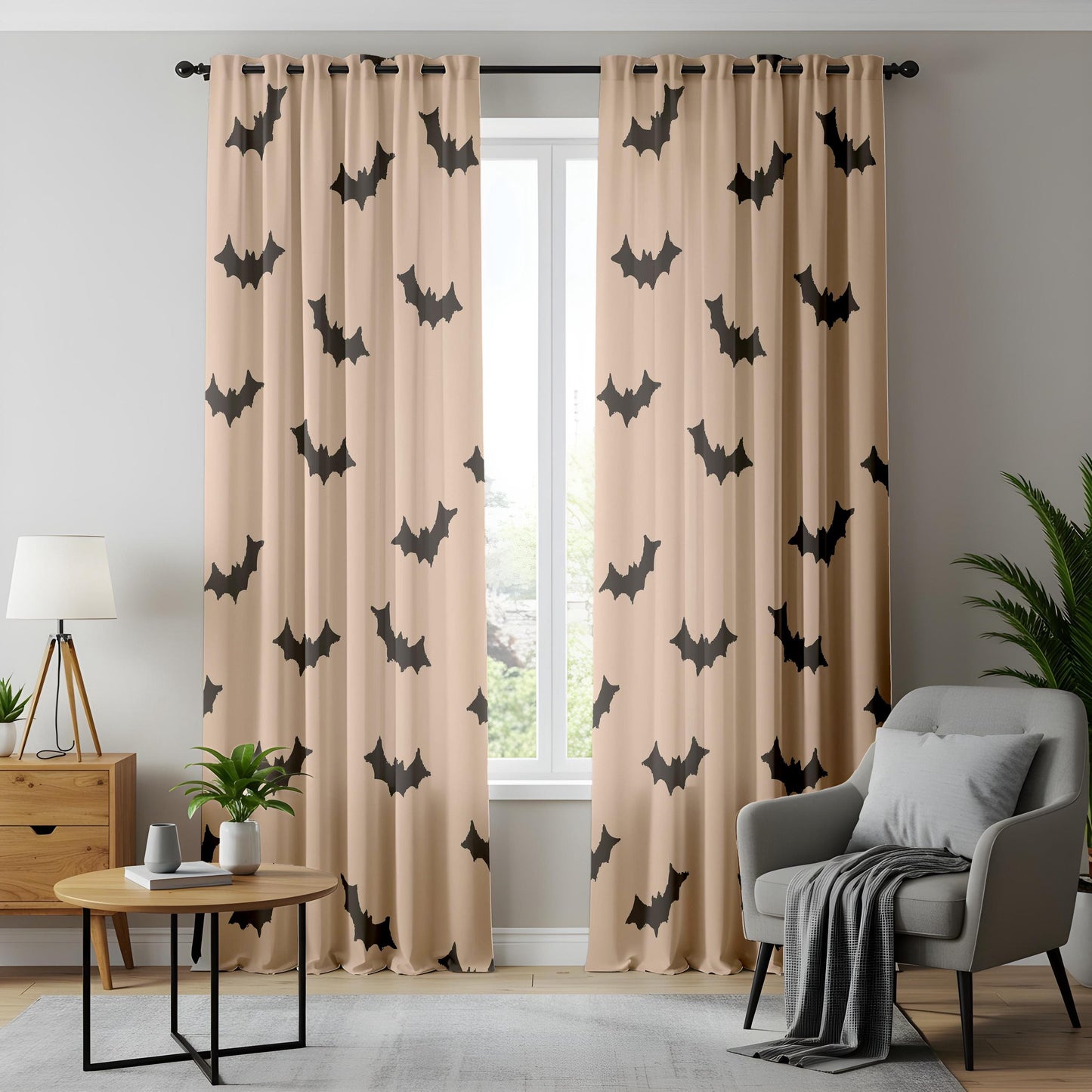 Onay Beige Bat Halloween Curtains – Minimalist Spooky Bat Drapes