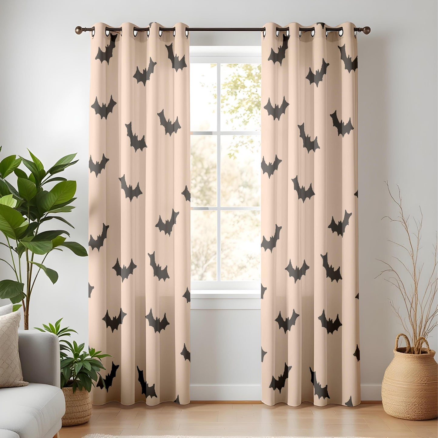 Onay Beige Bat Halloween Curtains – Minimalist Spooky Bat Drapes