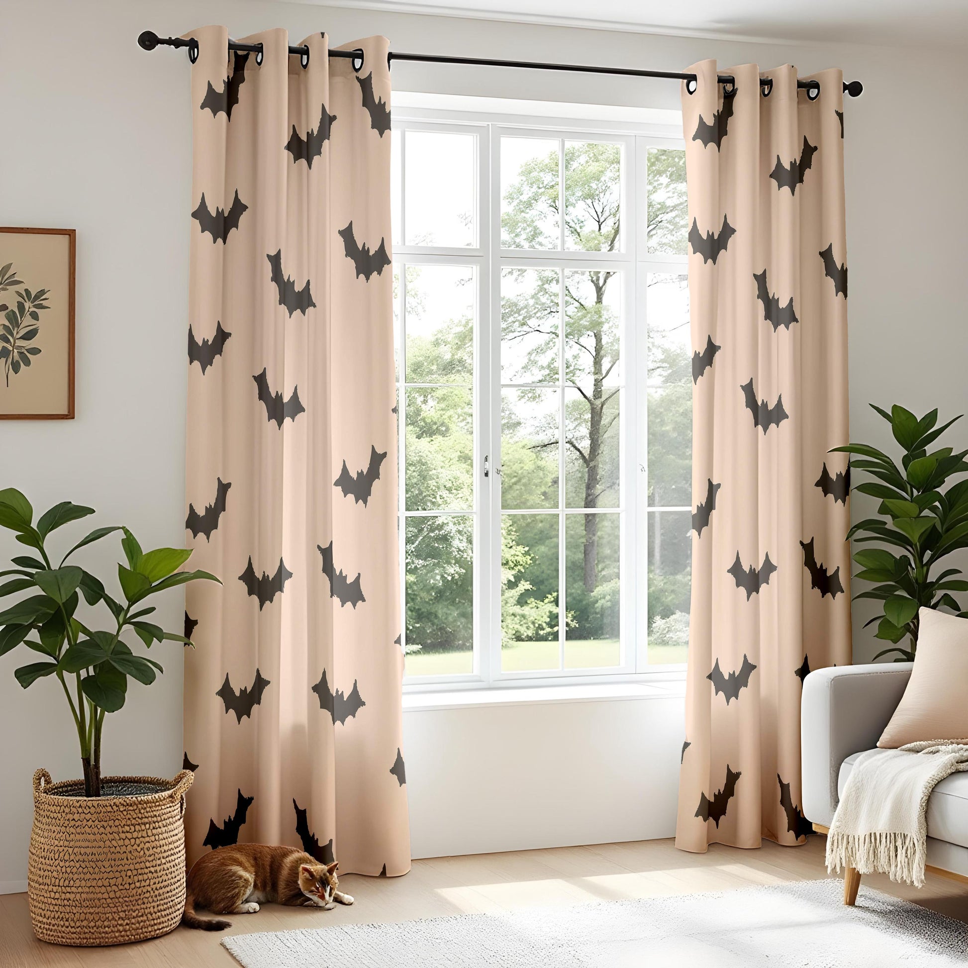 Onay Beige Bat Halloween Curtains – Minimalist Spooky Bat Drapes