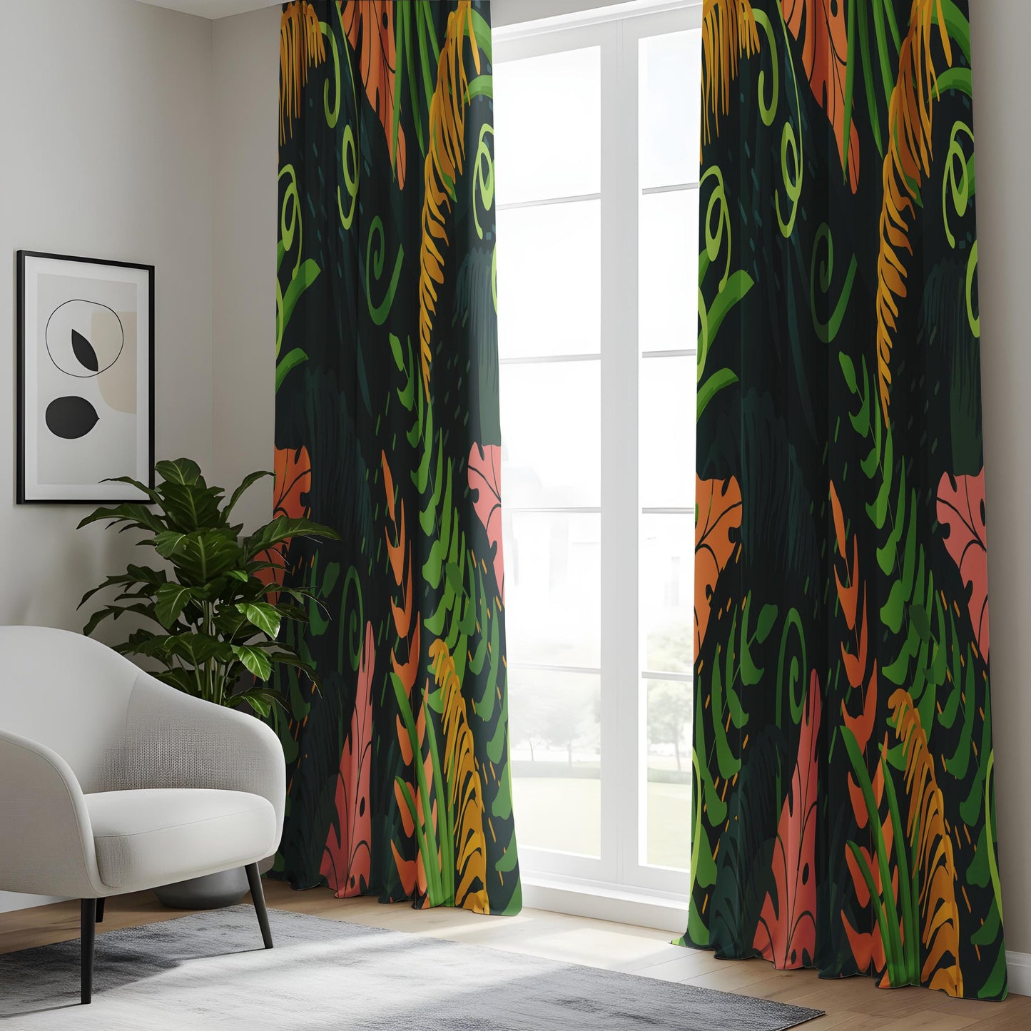 Onay Dark Abstract Tropical Curtains – Colorful Jungle Leaf Drapes