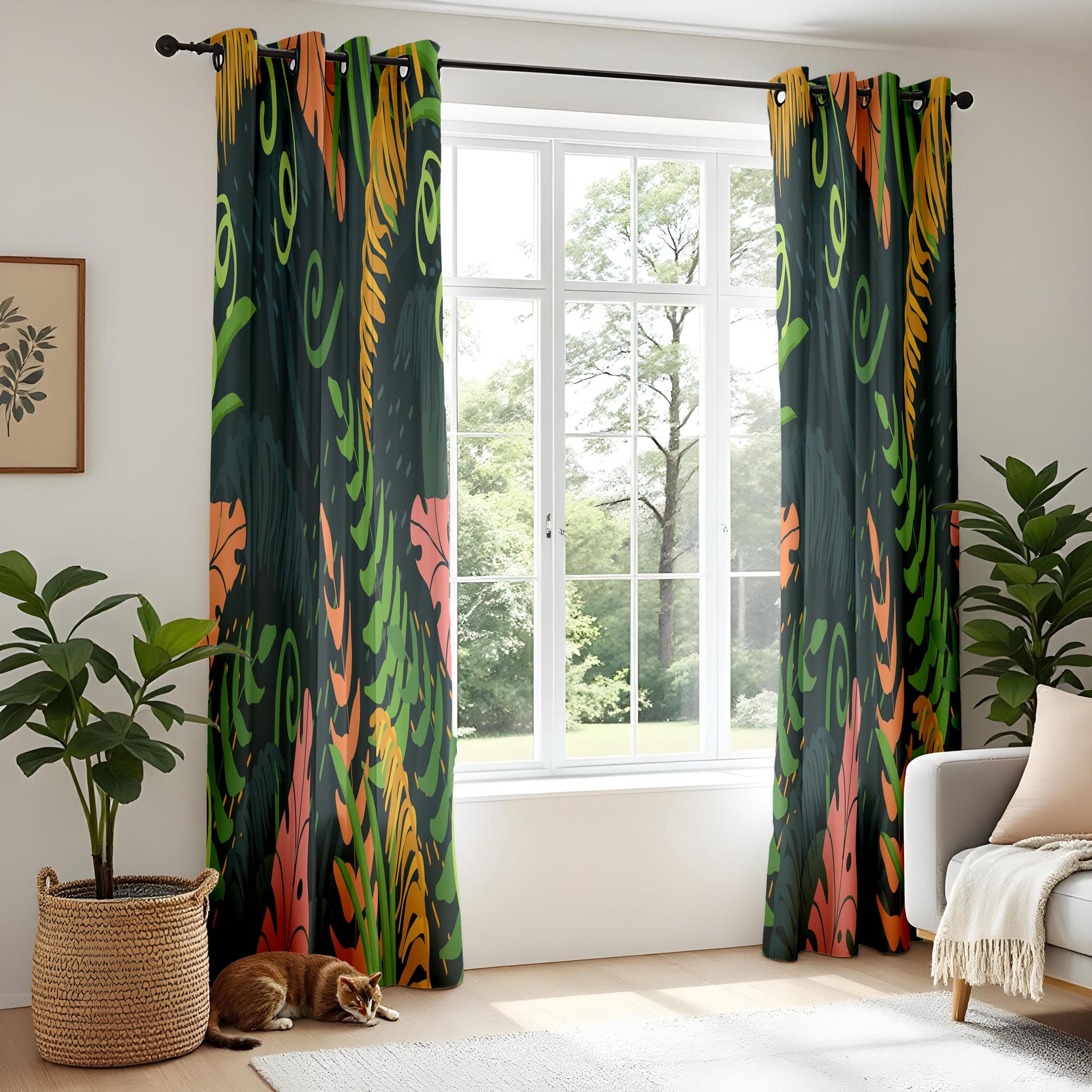 Onay Dark Abstract Tropical Curtains – Colorful Jungle Leaf Drapes