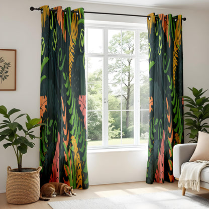 Onay Dark Abstract Tropical Curtains – Colorful Jungle Leaf Drapes