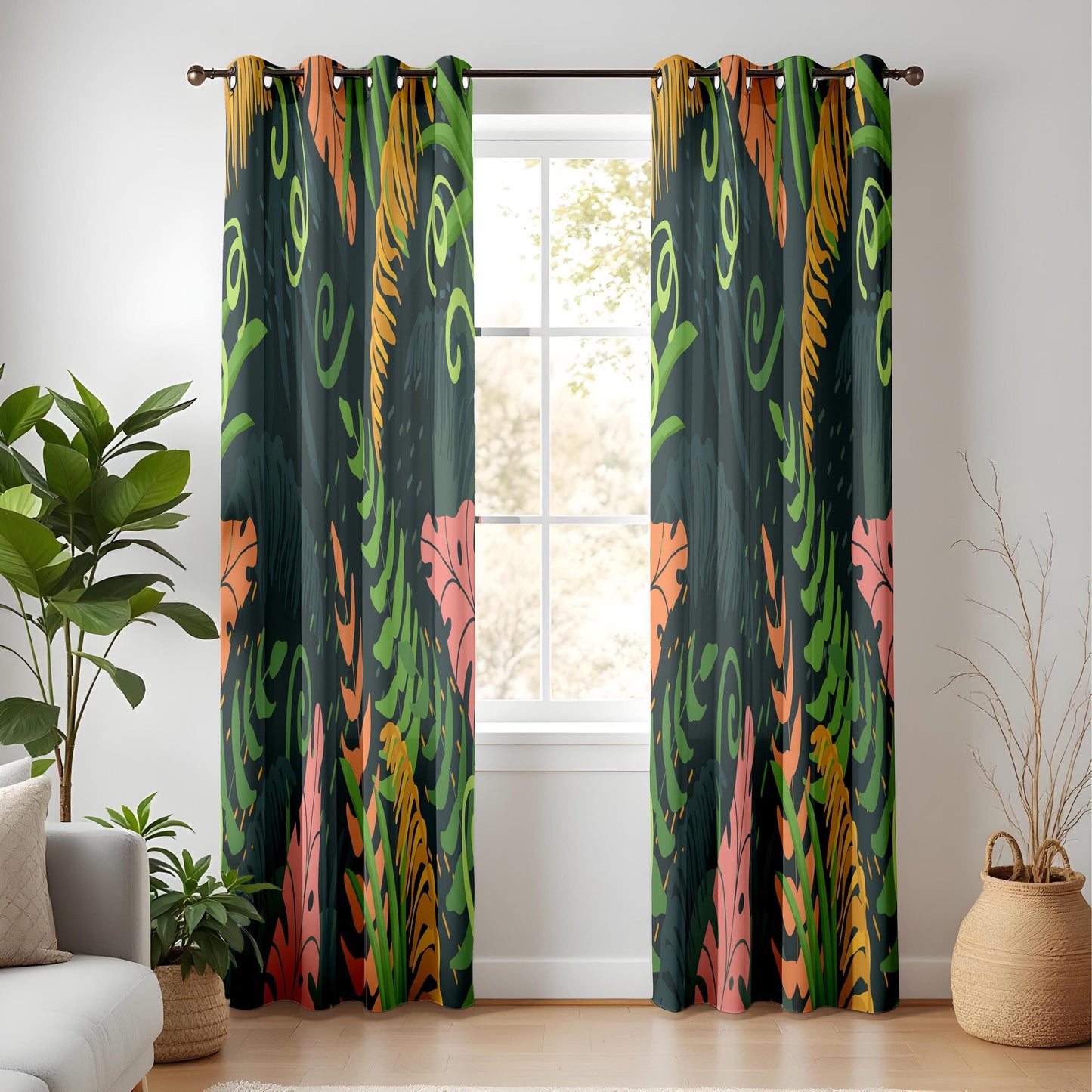 Onay Dark Abstract Tropical Curtains – Colorful Jungle Leaf Drapes