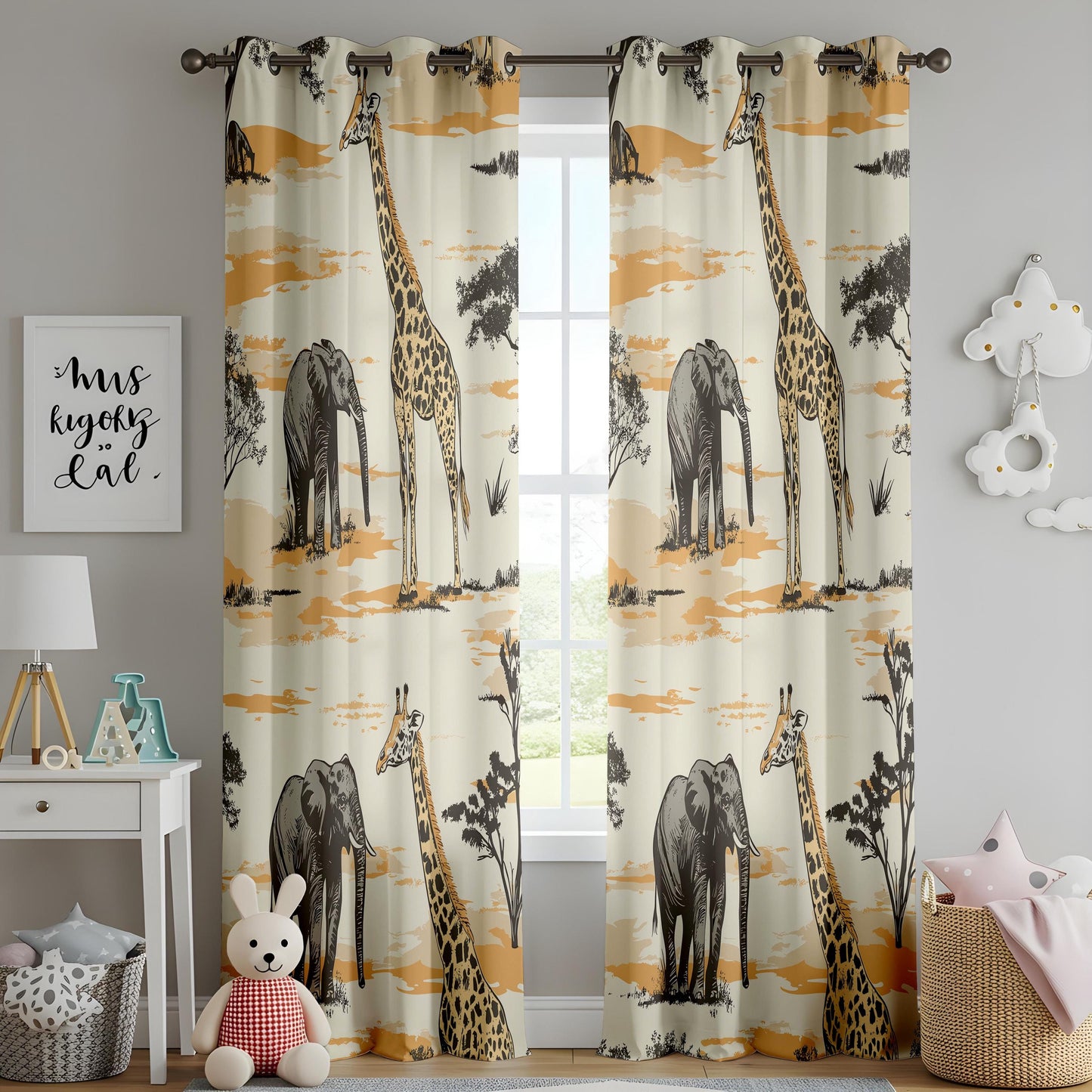 Onay Safari Animal Curtains – Giraffe Elephant Drapes