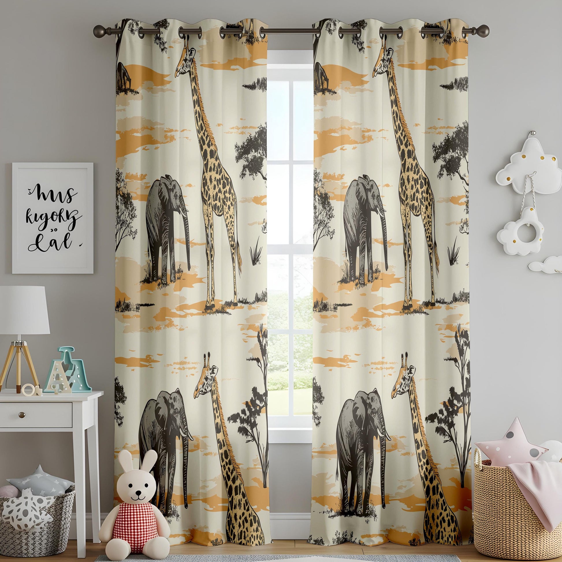 Onay Safari Animal Curtains – Giraffe Elephant Drapes