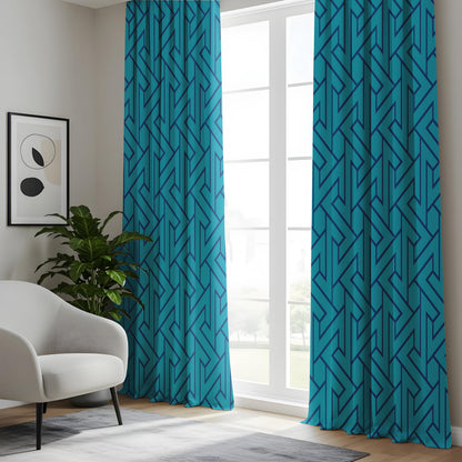 Onay Turquoise Blue Geometric Curtains – Modern Maze Pattern Drapes