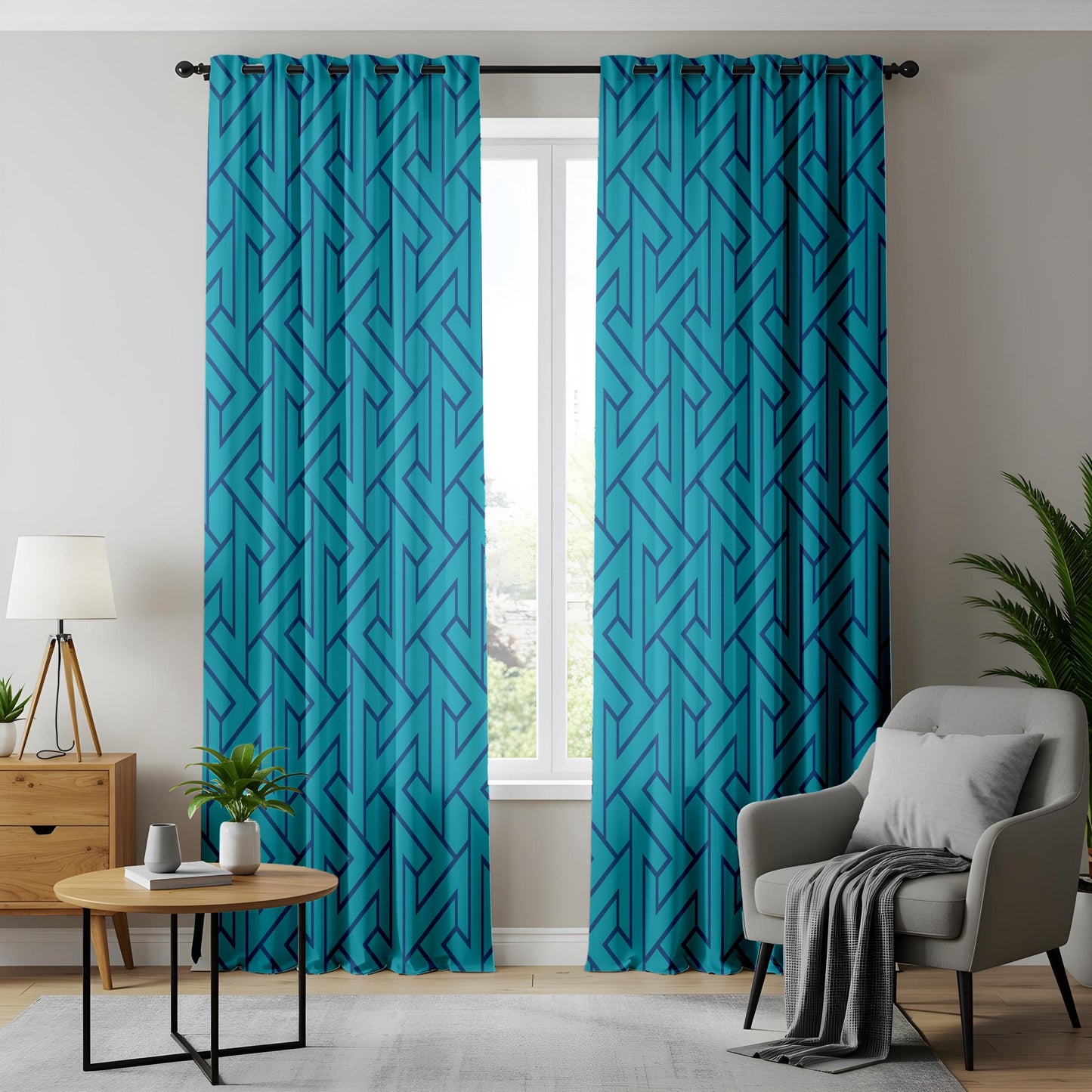 Onay Turquoise Blue Geometric Curtains – Modern Maze Pattern Drapes