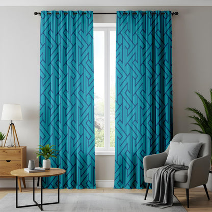 Onay Turquoise Blue Geometric Curtains – Modern Maze Pattern Drapes