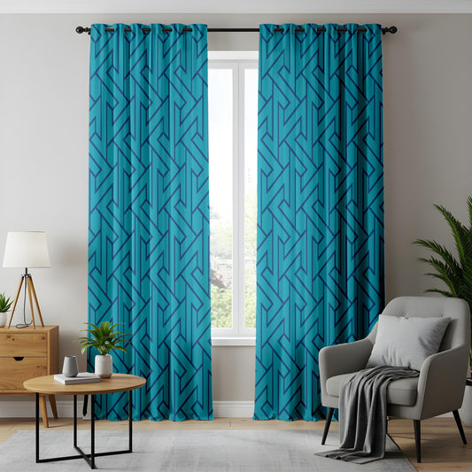 Onay Turquoise Blue Geometric Curtains – Modern Maze Pattern Drapes