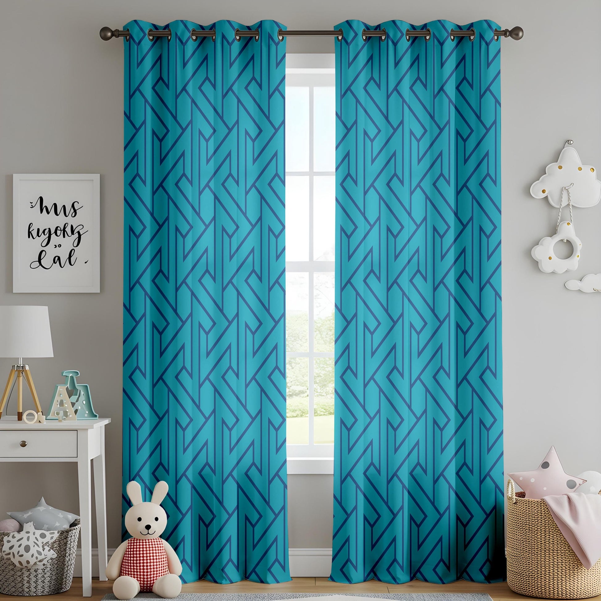 Onay Turquoise Blue Geometric Curtains – Modern Maze Pattern Drapes