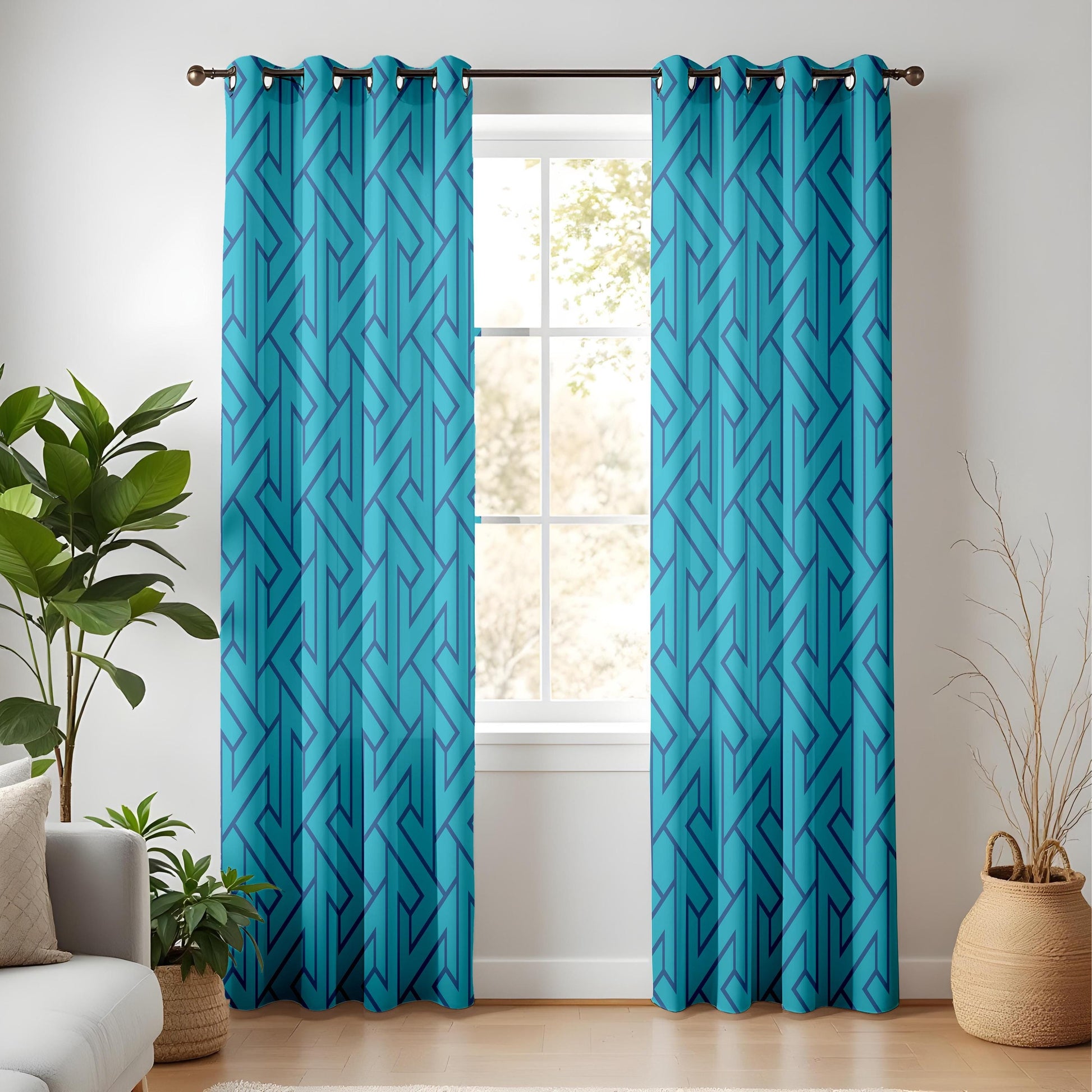 Onay Turquoise Blue Geometric Curtains – Modern Maze Pattern Drapes