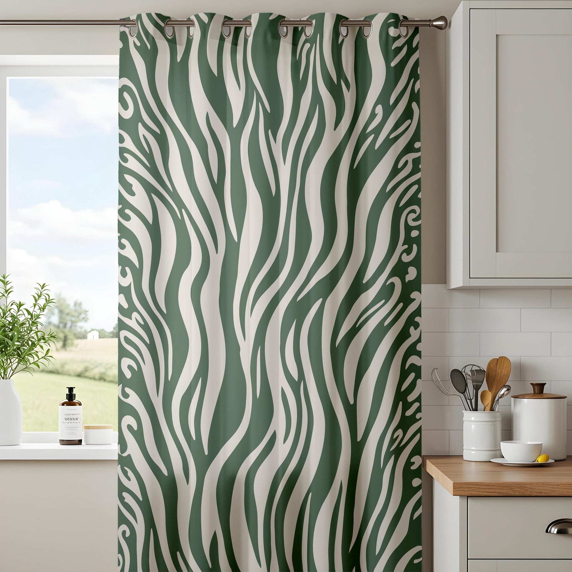 Onay Dark Green Zebra Print Curtains – Abstract Safari Animal Drapes