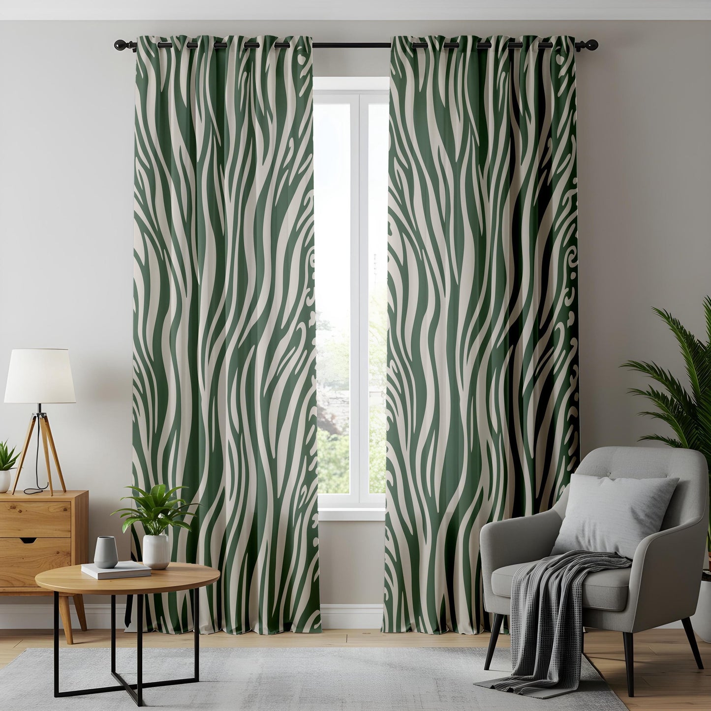 Onay Dark Green Zebra Print Curtains – Abstract Safari Animal Drapes