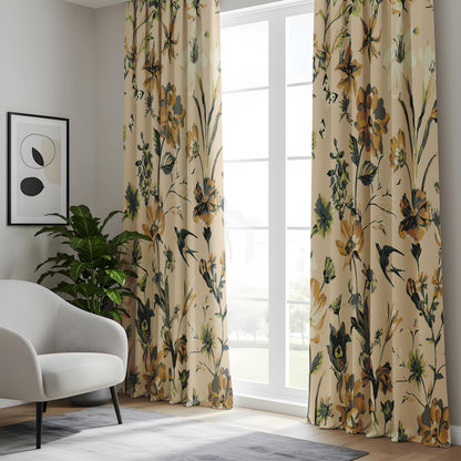 Onay Beige Mustard Yellow Floral Curtains – Vintage Swallow Bird Drapes