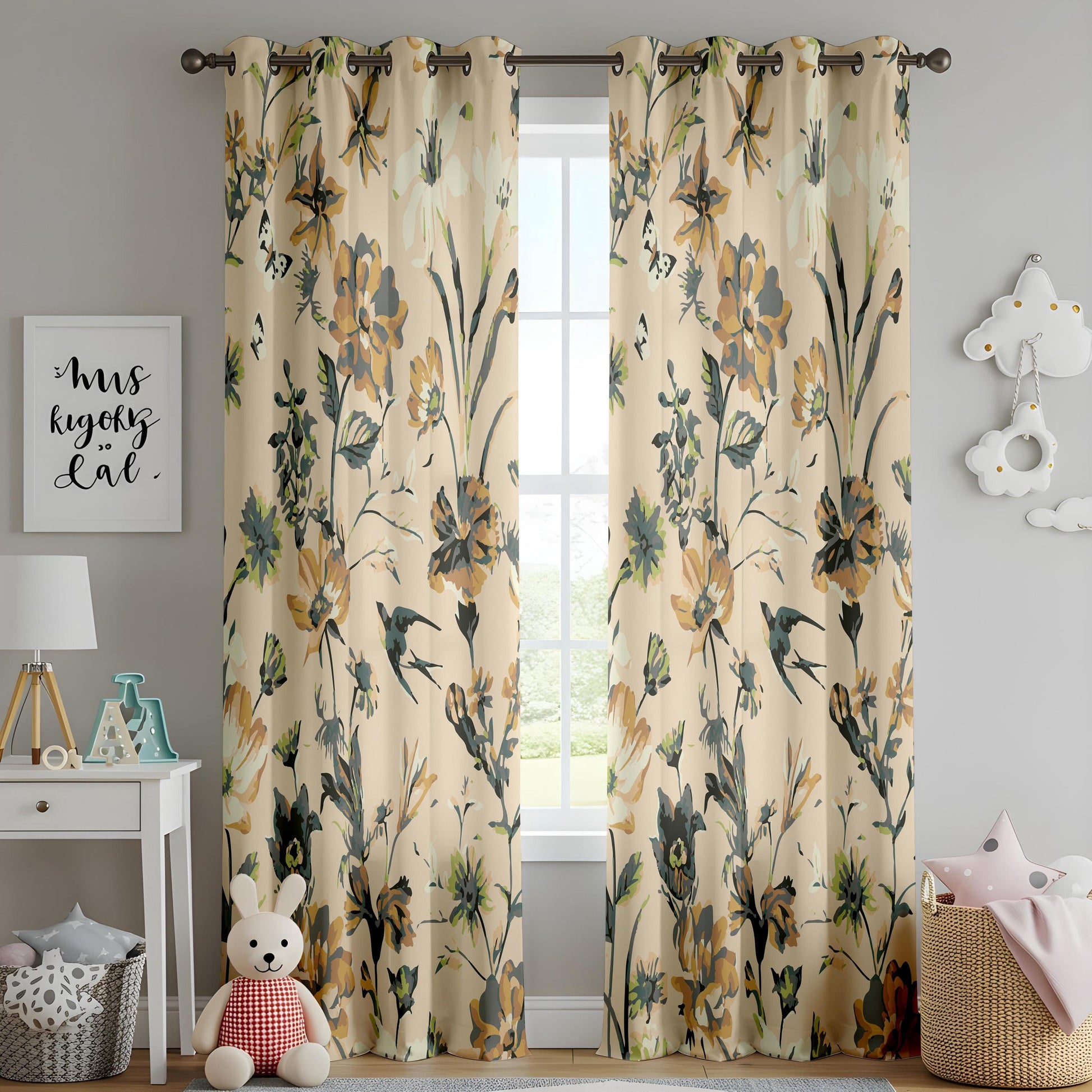 Onay Beige Mustard Yellow Floral Curtains – Vintage Swallow Bird Drapes
