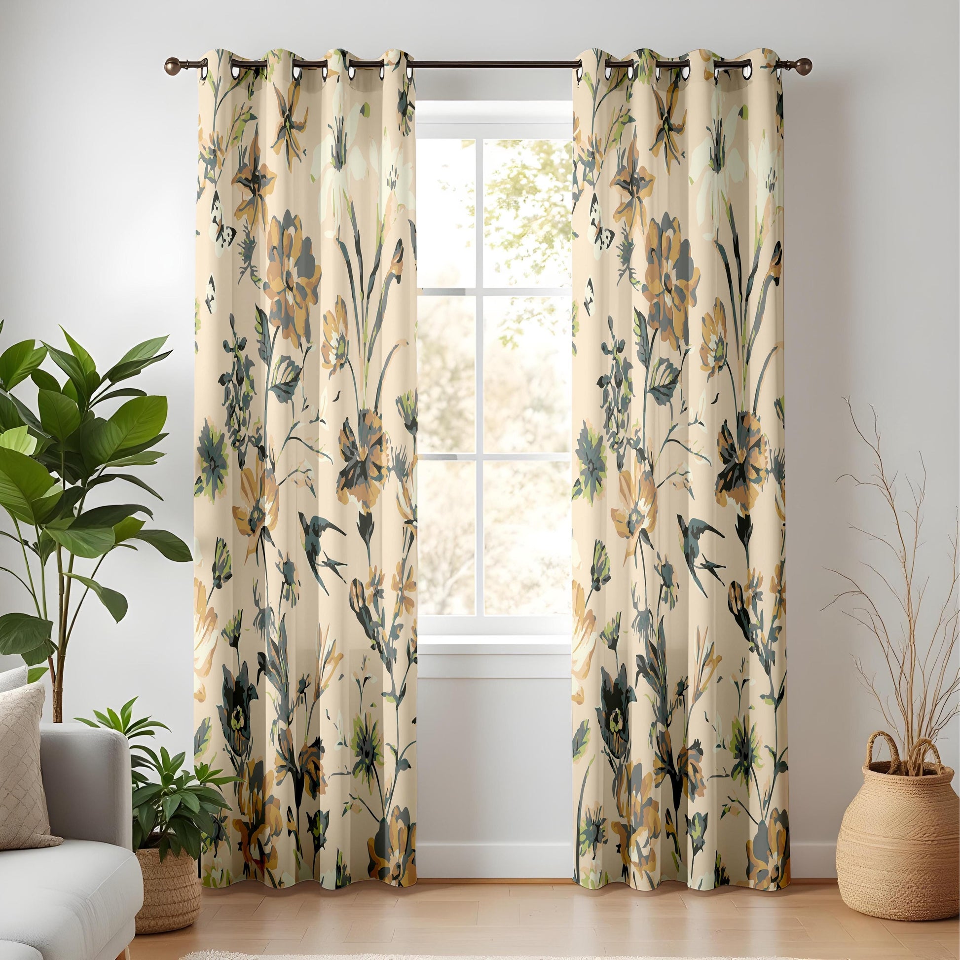 Onay Beige Mustard Yellow Floral Curtains – Vintage Swallow Bird Drapes
