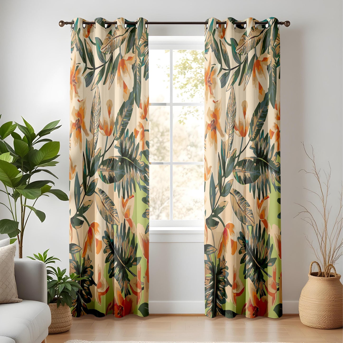 Onay Beige Orange Tropical Floral Curtains – Watercolor Palm Leaf Drapes