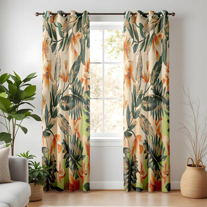 Onay Beige Orange Tropical Floral Curtains – Watercolor Palm Leaf Drapes