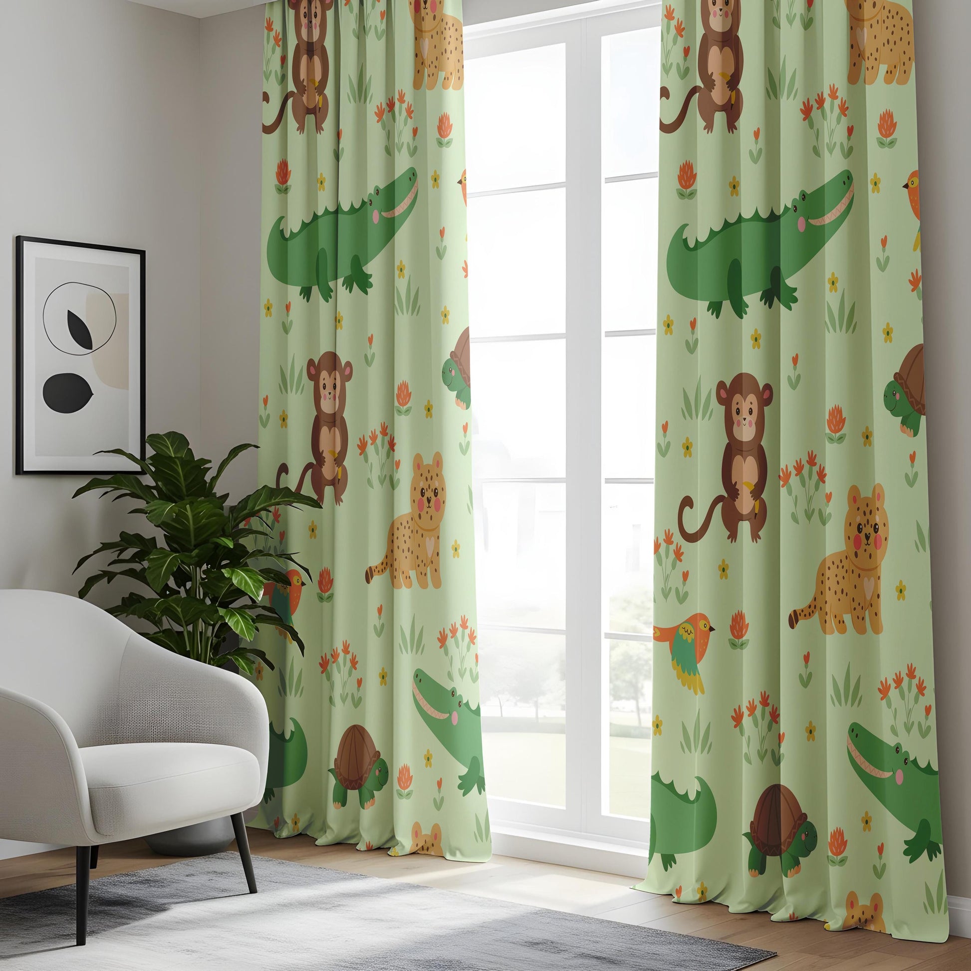 Onay Mint Green Jungle Animal Curtains – Monkey Crocodile Drapes