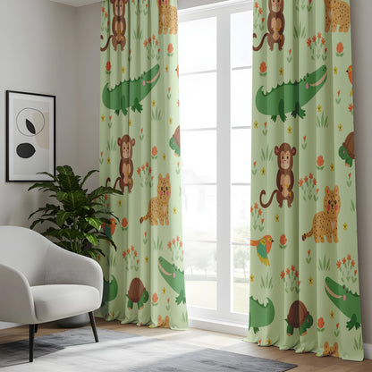 Onay Mint Green Jungle Animal Curtains – Monkey Crocodile Drapes