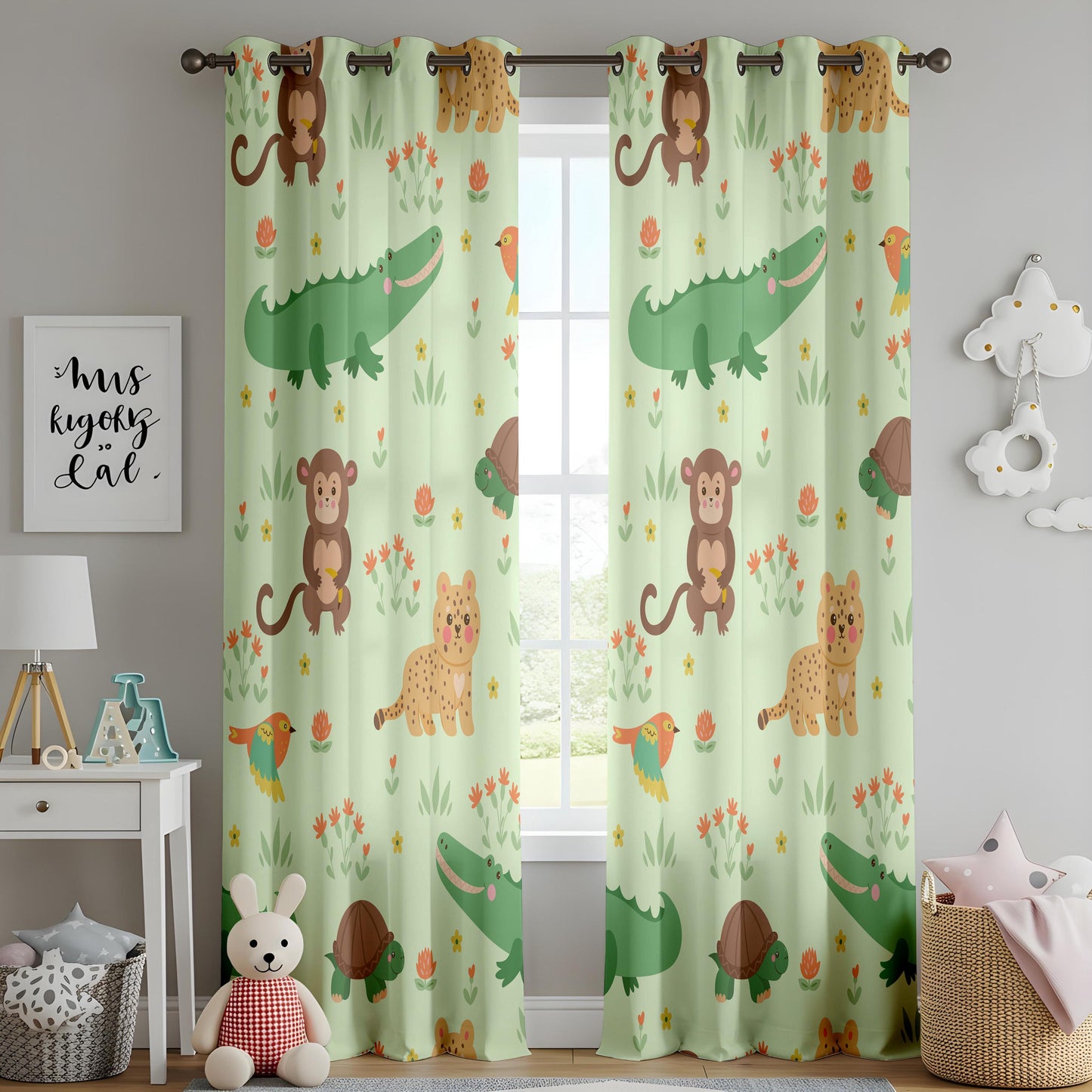 Onay Mint Green Jungle Animal Curtains – Monkey Crocodile Drapes