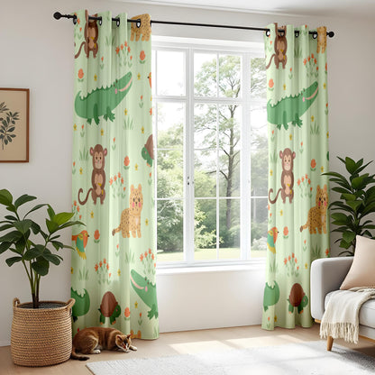 Onay Mint Green Jungle Animal Curtains – Monkey Crocodile Drapes