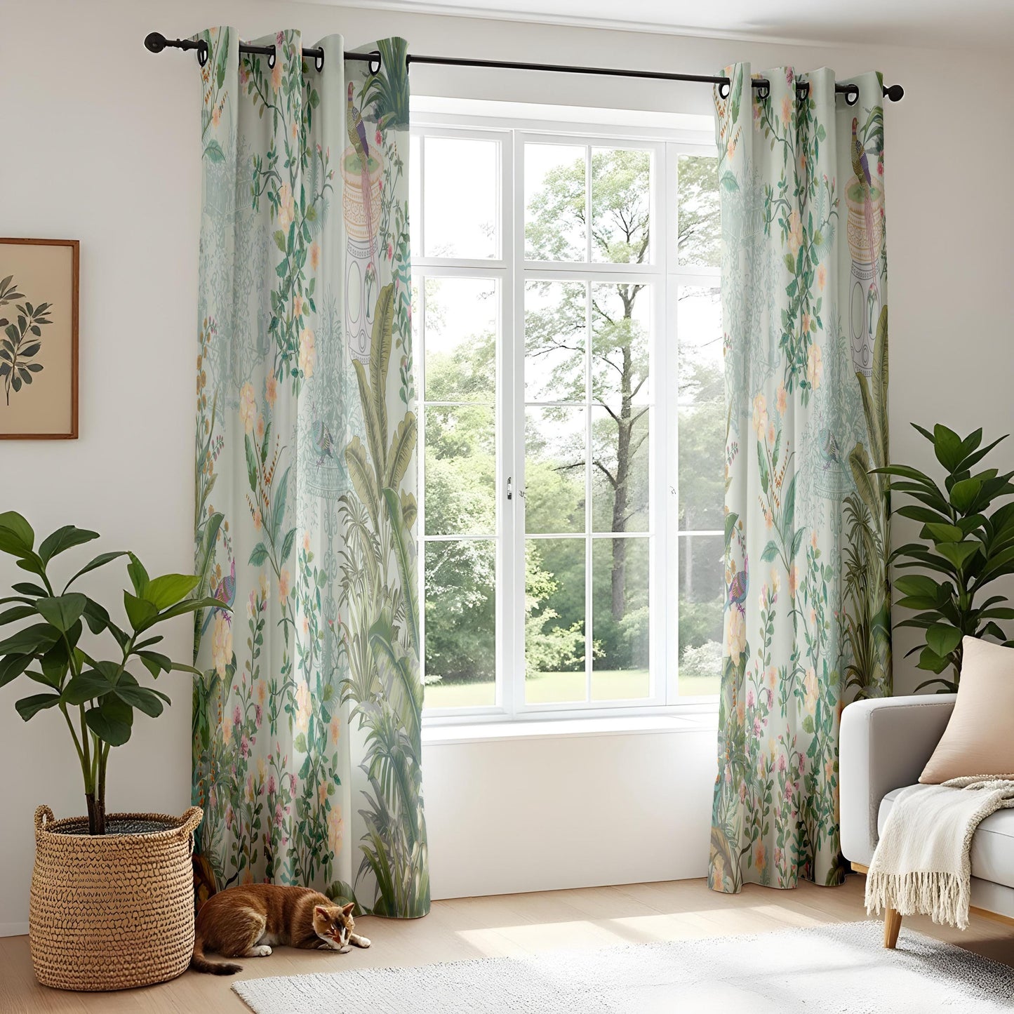 Onay Mint Green Bird Chinoiserie Curtains – Vintage Peacock Botanical Drapes