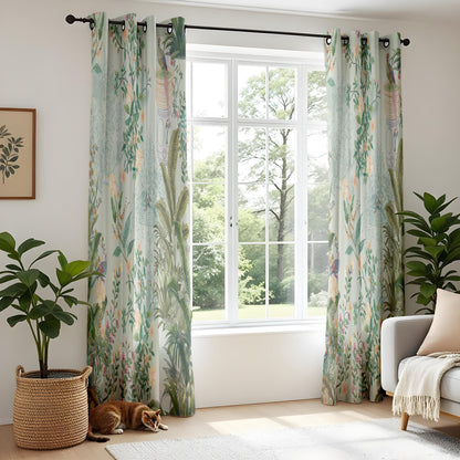 Onay Mint Green Bird Chinoiserie Curtains – Vintage Peacock Botanical Drapes