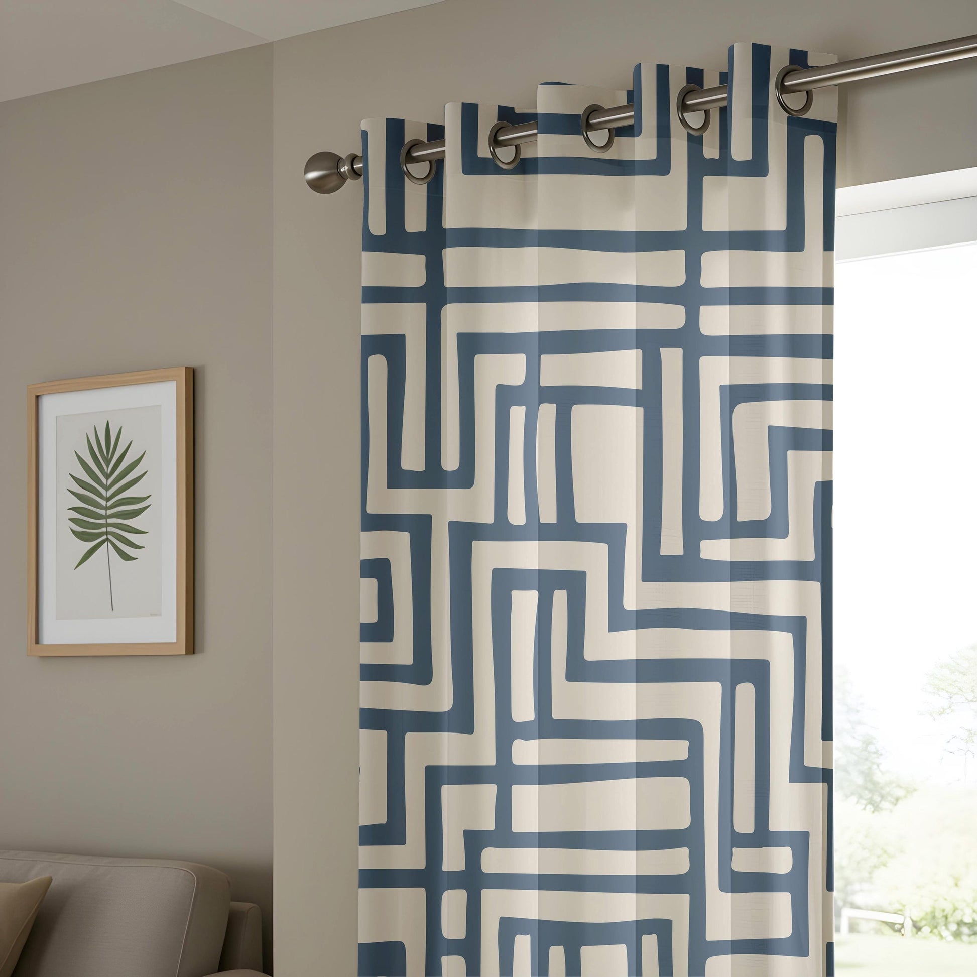 Onay Navy Blue Geometric Maze Curtains – Beige Abstract Line Drapes
