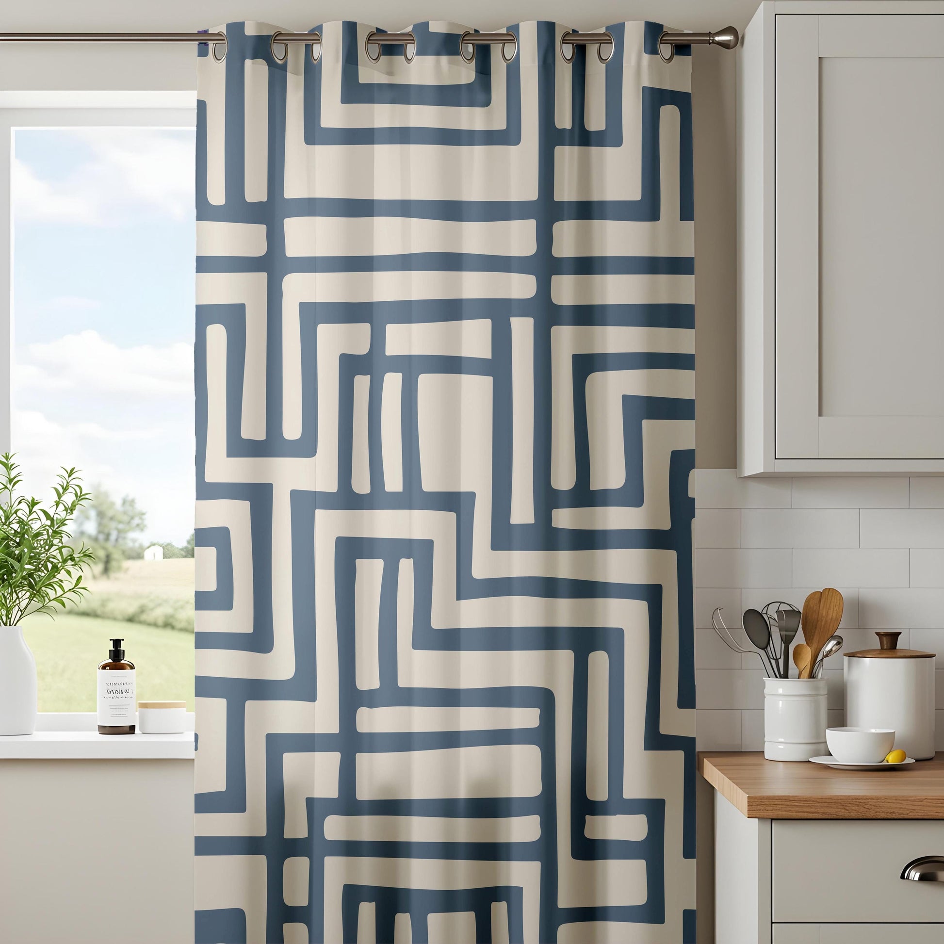 Onay Navy Blue Geometric Maze Curtains – Beige Abstract Line Drapes