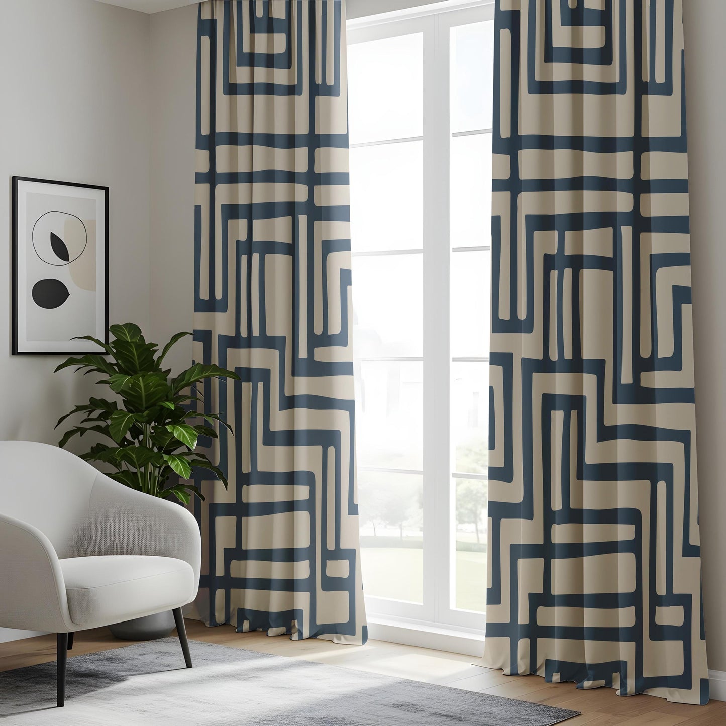 Onay Navy Blue Geometric Maze Curtains – Beige Abstract Line Drapes