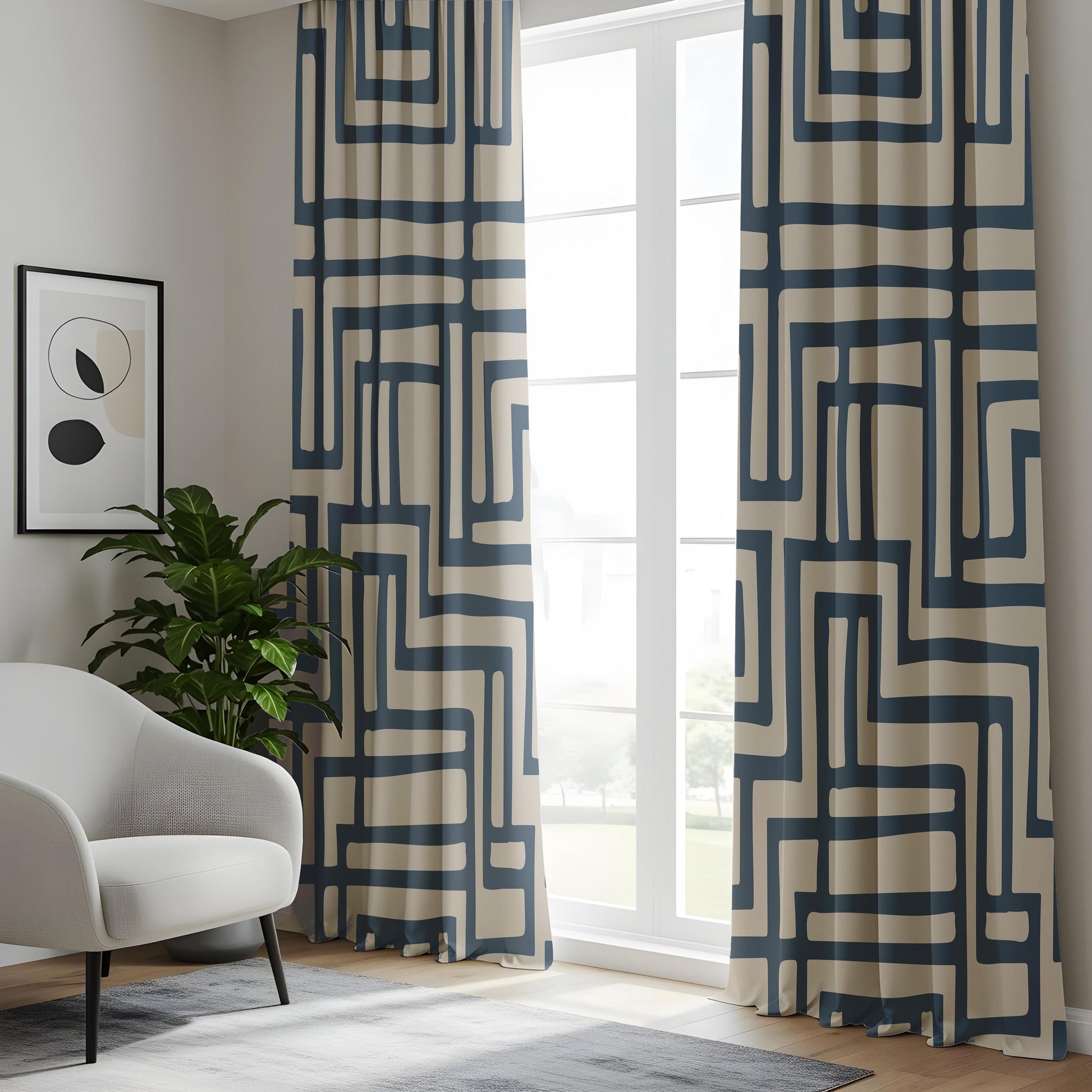 Onay Navy Blue Geometric Maze Curtains – Beige Abstract Line Drapes