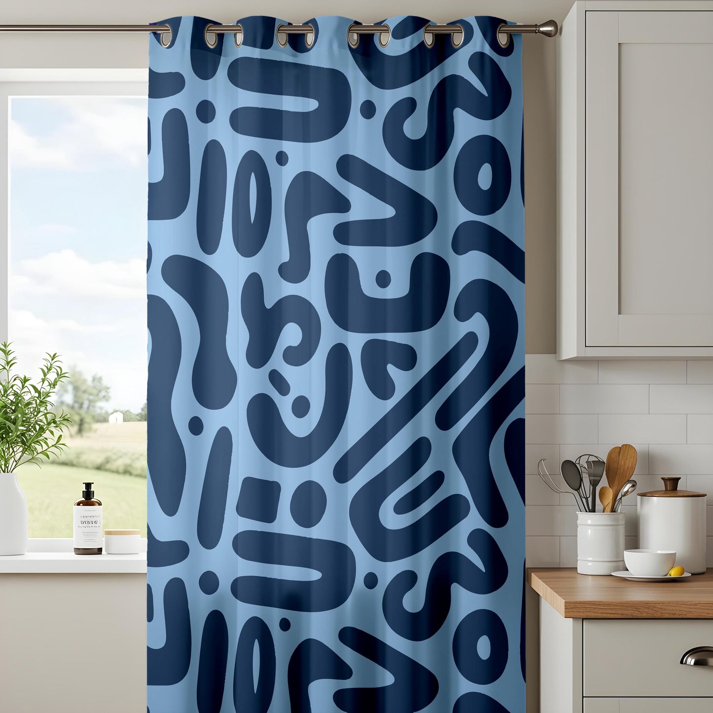 Onay Sky Blue Navy Abstract Curtains – Funky Organic Shape Drapes