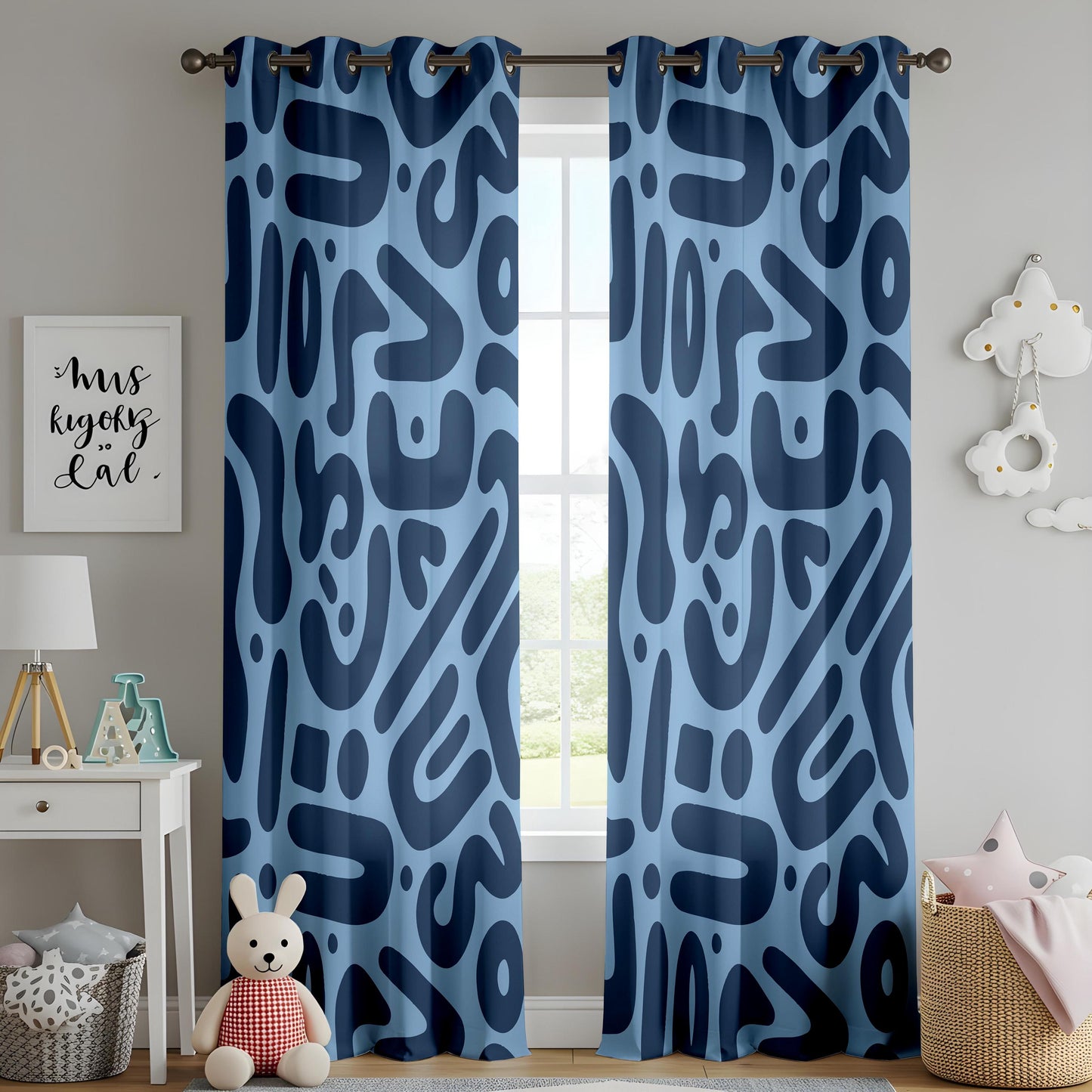 Onay Sky Blue Navy Abstract Curtains – Funky Organic Shape Drapes