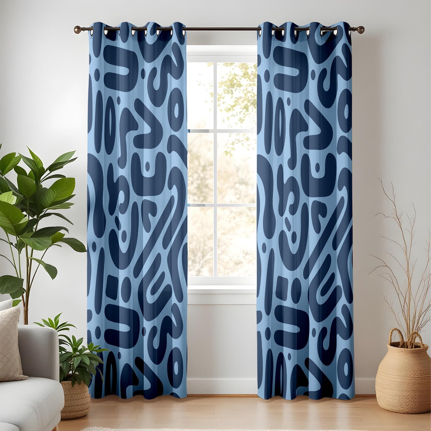 Onay Sky Blue Navy Abstract Curtains – Funky Organic Shape Drapes