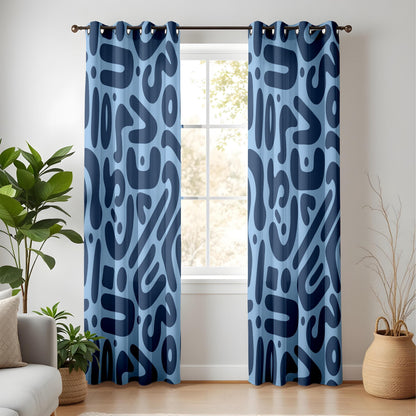 Onay Sky Blue Navy Abstract Curtains – Funky Organic Shape Drapes