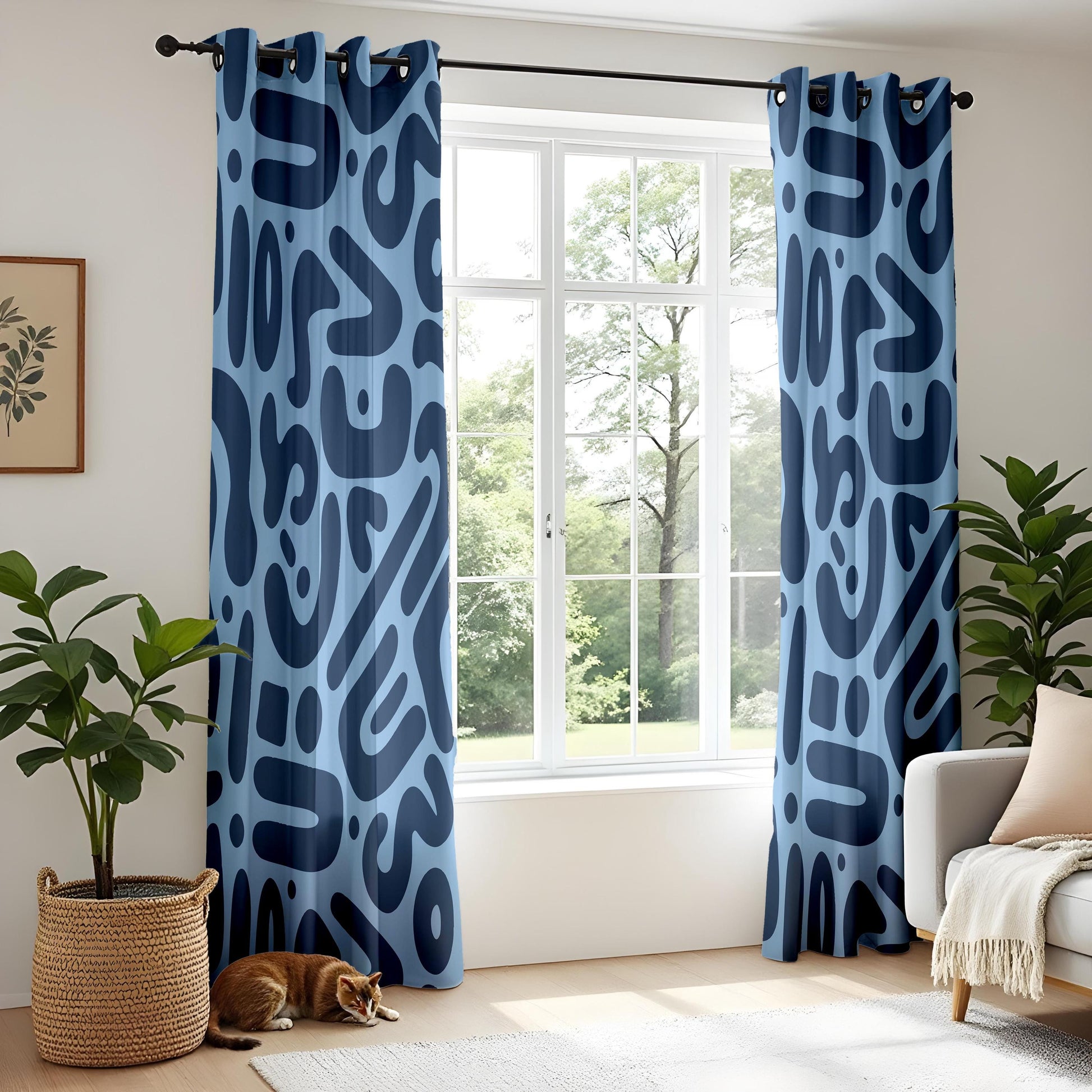 Onay Sky Blue Navy Abstract Curtains – Funky Organic Shape Drapes