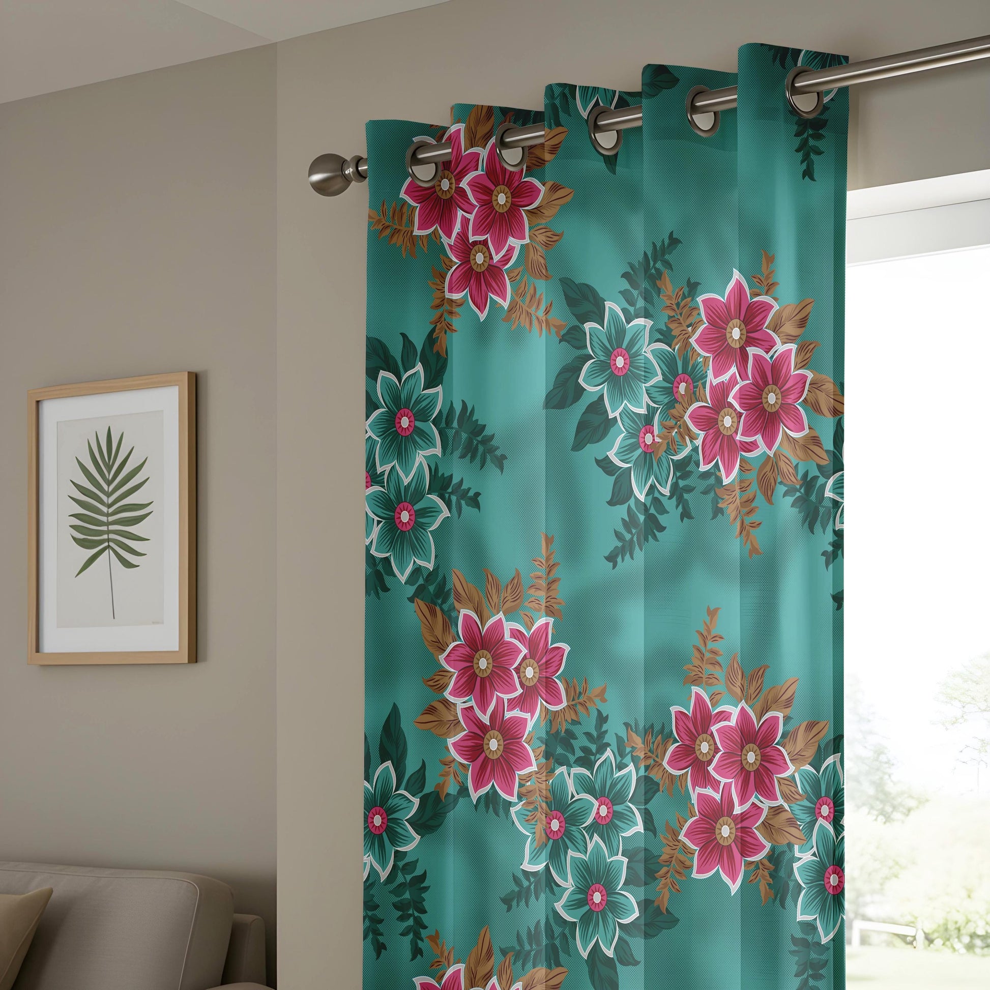 Onay Teal Green Pink Floral Curtains – Vintage Botanical Drapes