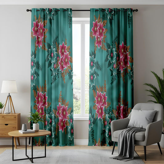 Onay Teal Green Pink Floral Curtains – Vintage Botanical Drapes