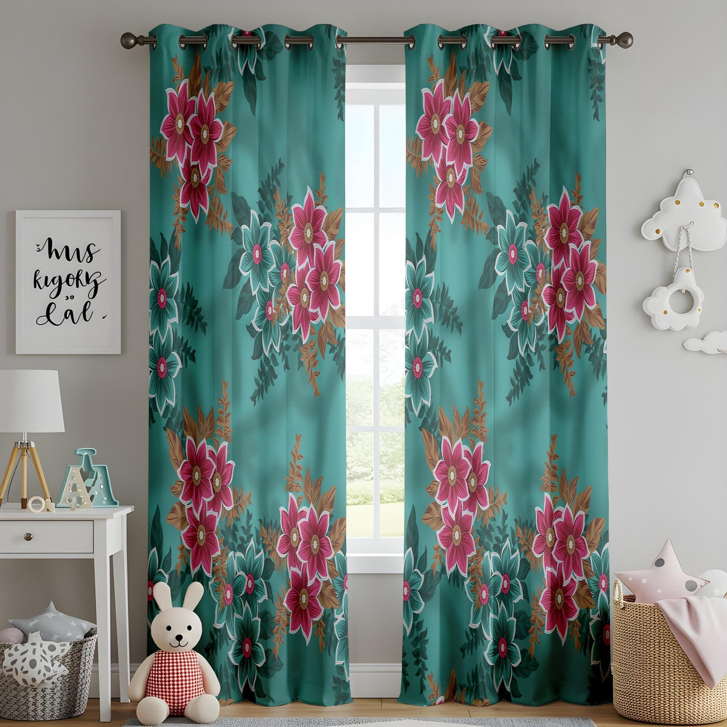 Onay Teal Green Pink Floral Curtains – Vintage Botanical Drapes