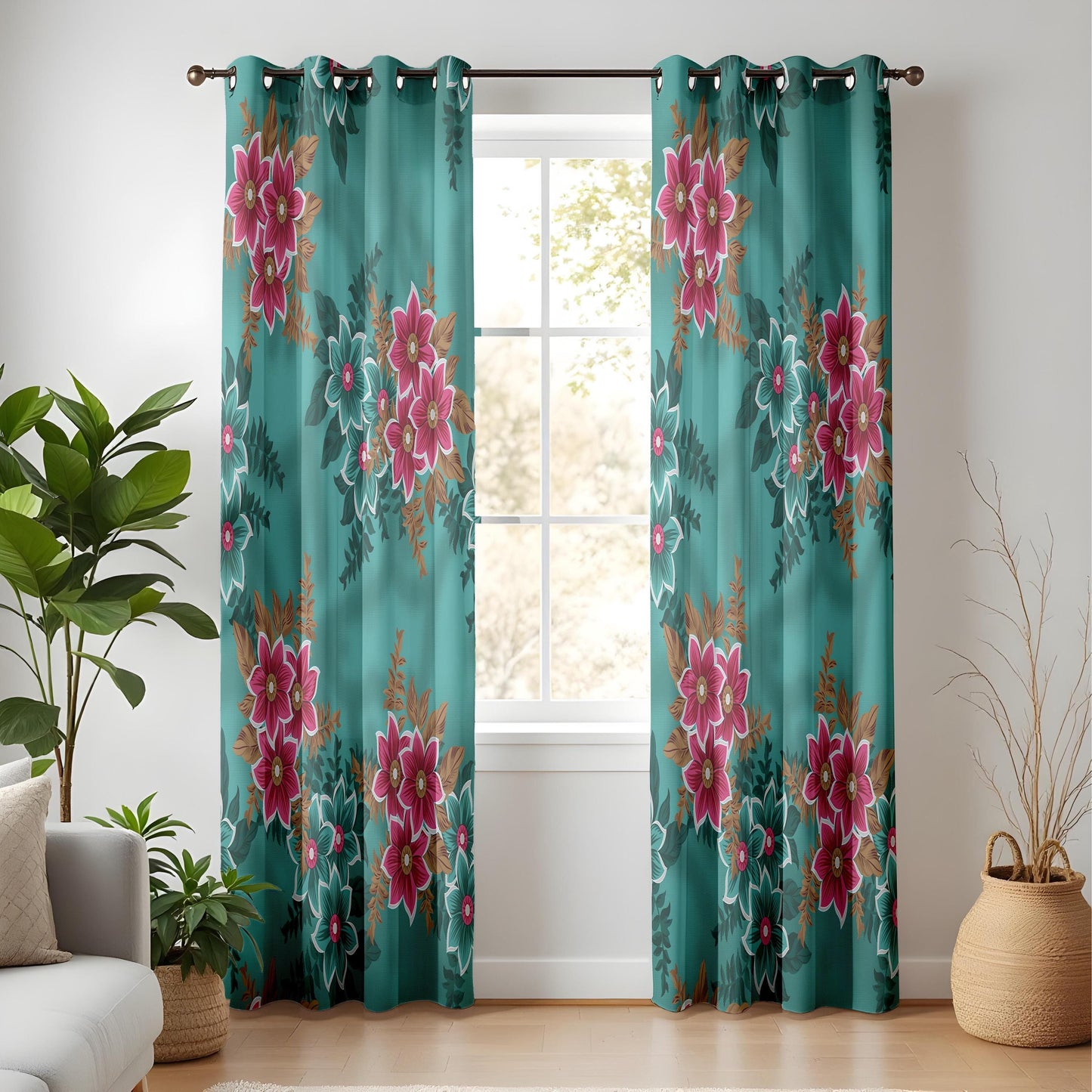 Onay Teal Green Pink Floral Curtains – Vintage Botanical Drapes